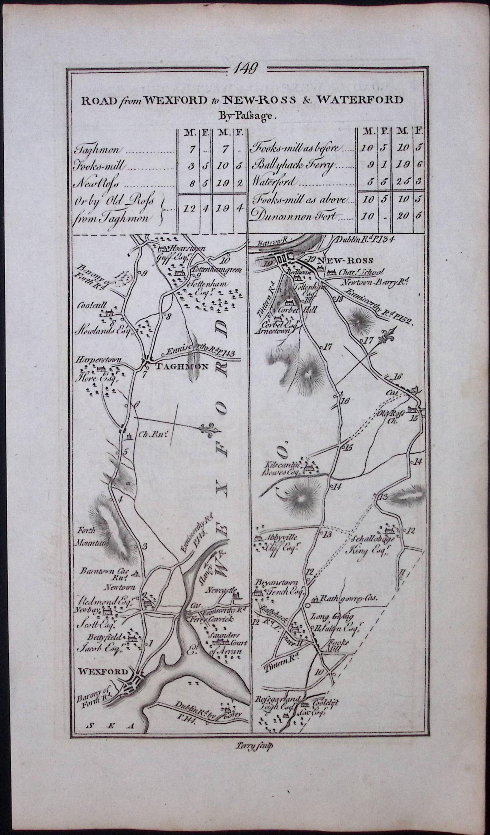 Ireland 245 Years -Old Antique Road Map Wexford, New-Ross, Waterford-150 - 2