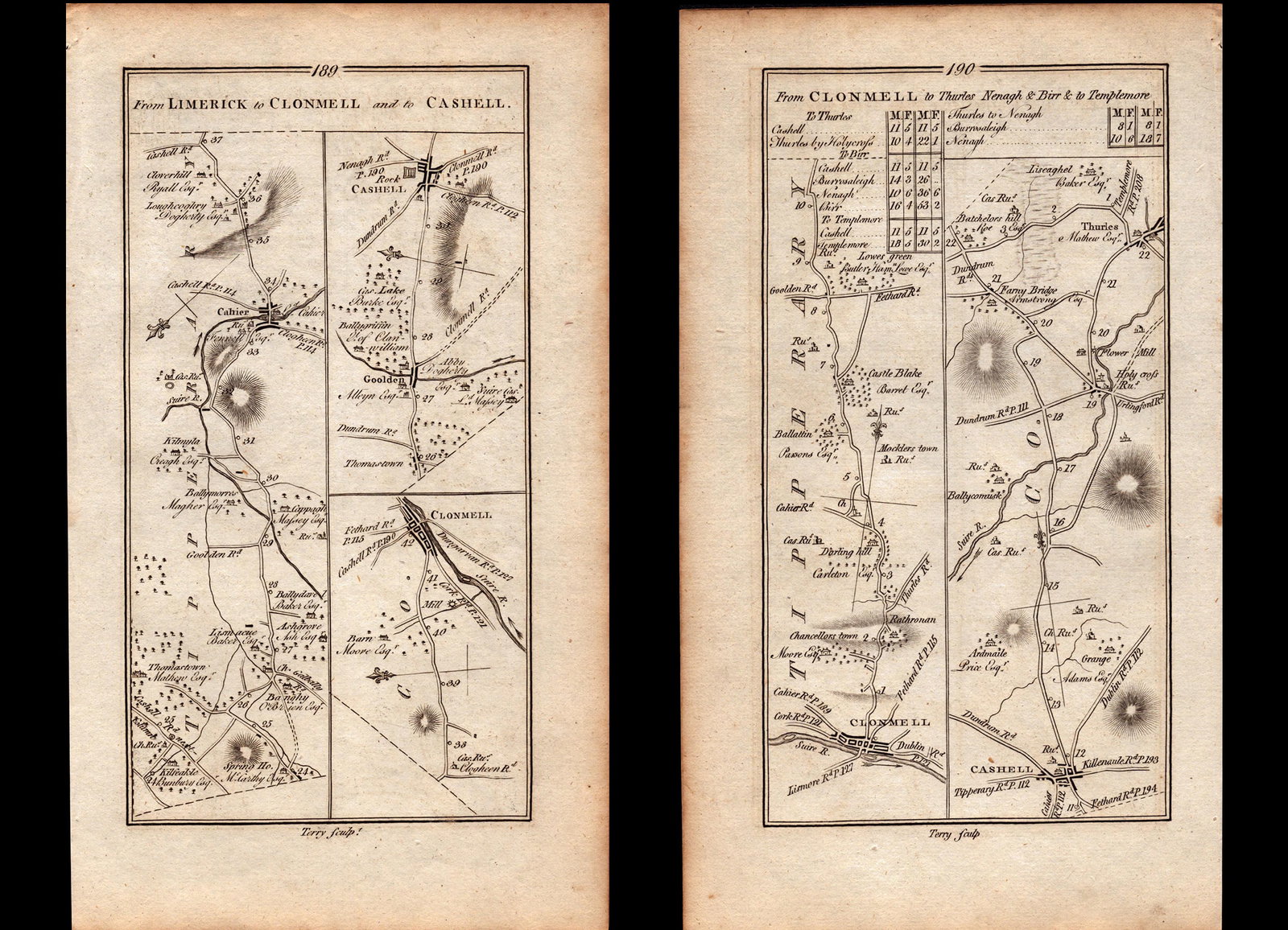 Ireland Rare Antique 1777 Map Limerick to Clonmel and to Cashel Tipperary: Title: Ireland Rare Antique 1777 Map Limerick to Clonmel and to Cashel Tipperary Description: This Rare Irish Road Map 179-180 Has Been Removed from a First Editi