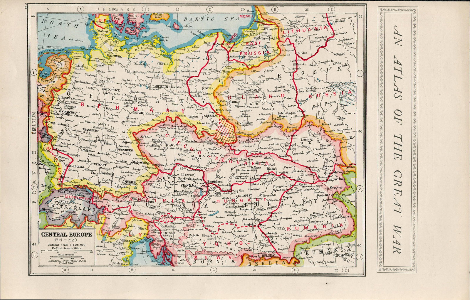 WW1 The Great War Central Europe Coloured Antique Detailed Map 1922. (1 of 3)
