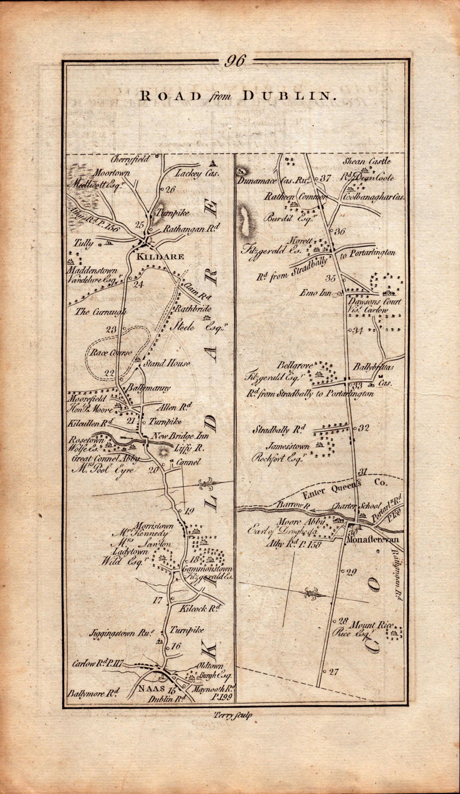 Ireland Rare Antique 1777 Road Map Dublin Limerick , Racool, Kill, Johnstown, Naas - 2