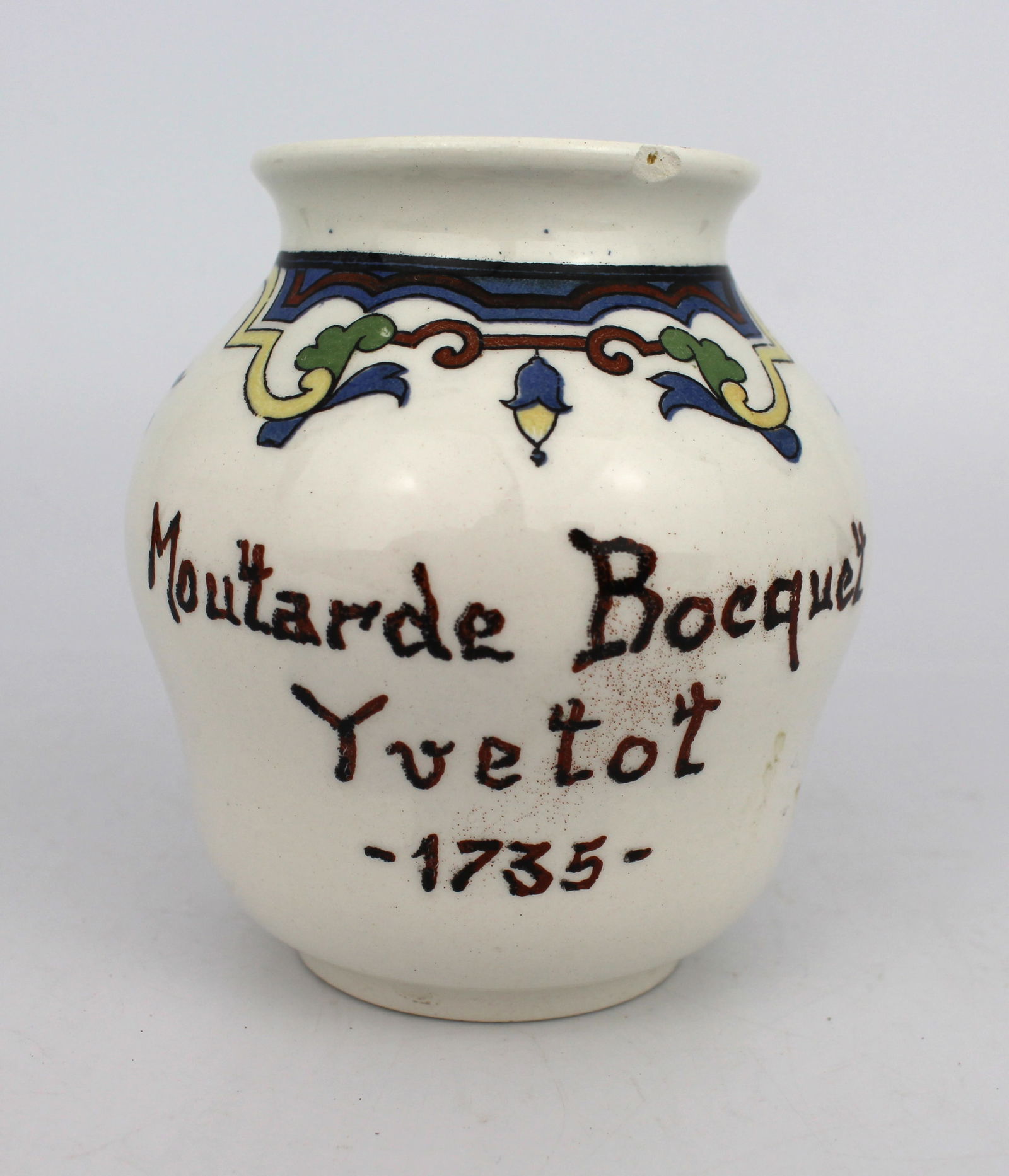 Moutarde Bocquet Mustard Pot Vase: Title: Moutarde Bocquet Mustard Pot Vase Description: Moutarde Bocquet Mustard Pot Vase Measures 8 x 8 x 9 (height) cm. Small chip to rim Condition: