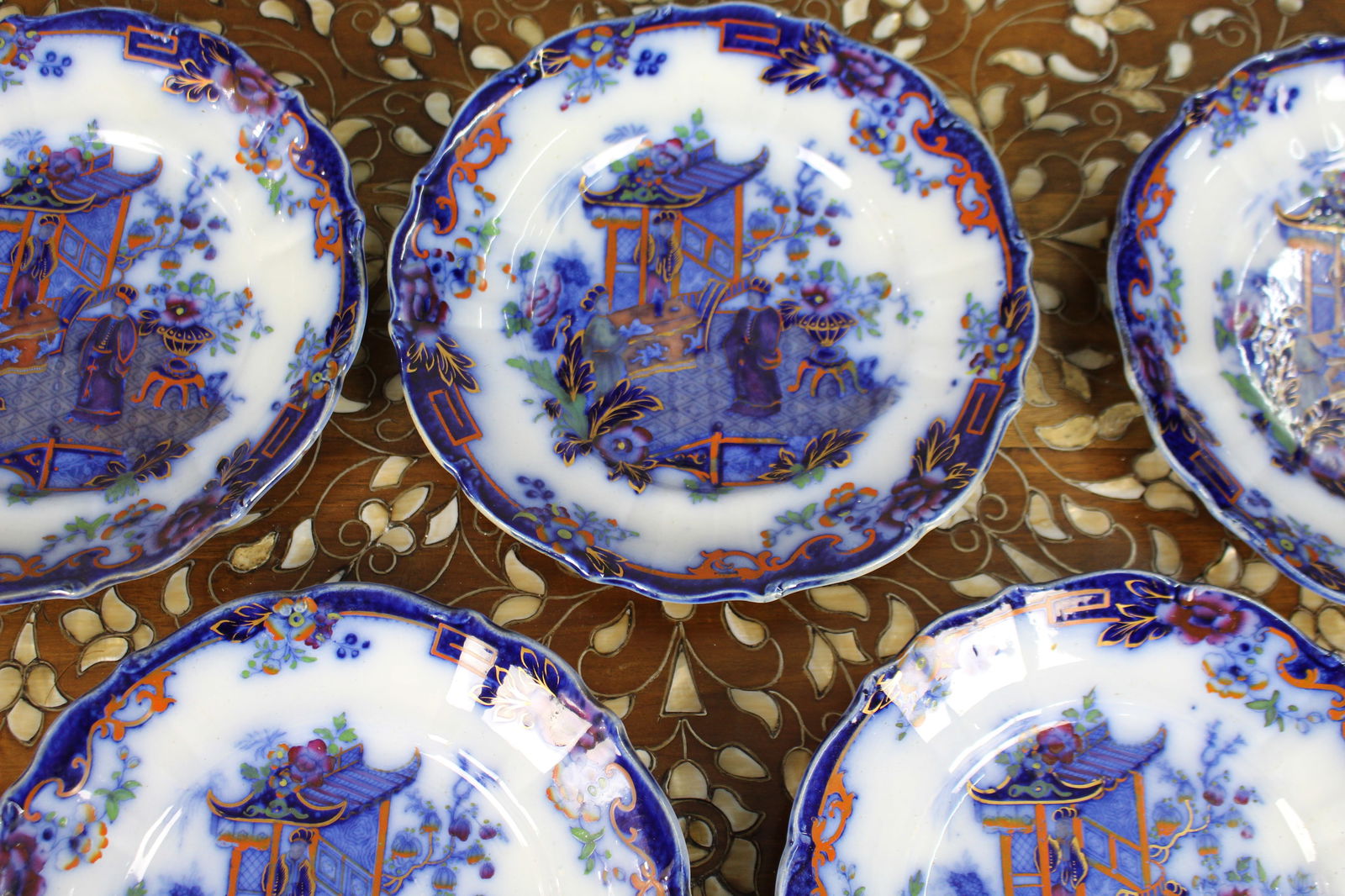 Set of Five Victorian Flow Blue Chinoiserie Plates, George Jones & Sons, c.1865 - 2