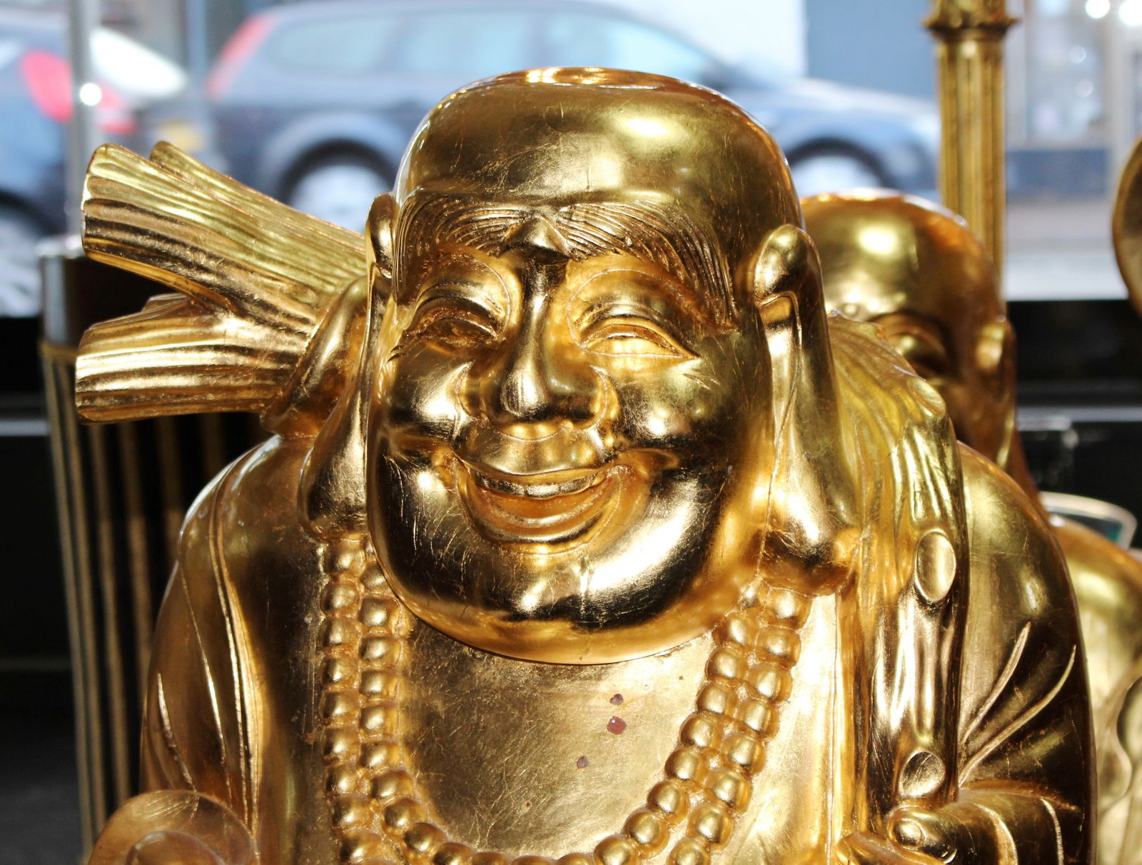 Large Gilded Carved Wood Laughing Buddha Sculpture on Lotus Base - 2