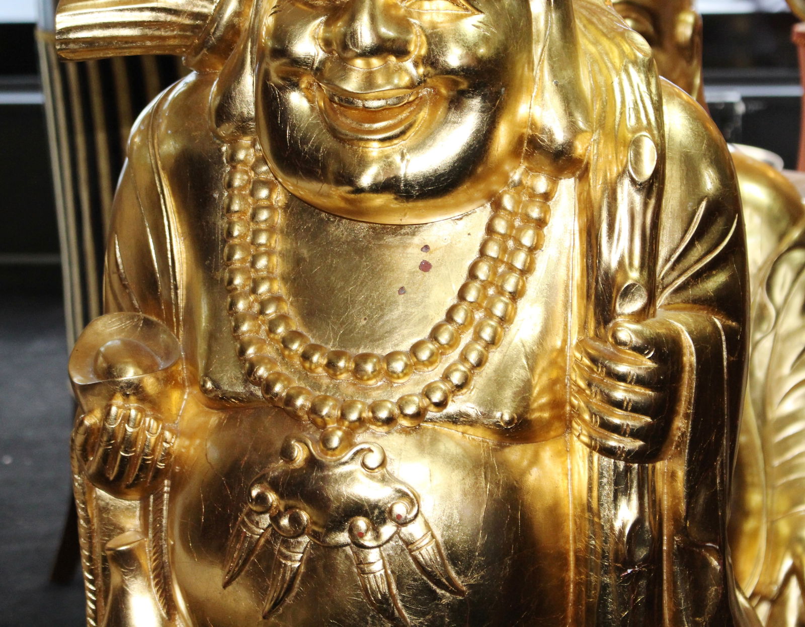Large Gilded Carved Wood Laughing Buddha Sculpture on Lotus Base - 3