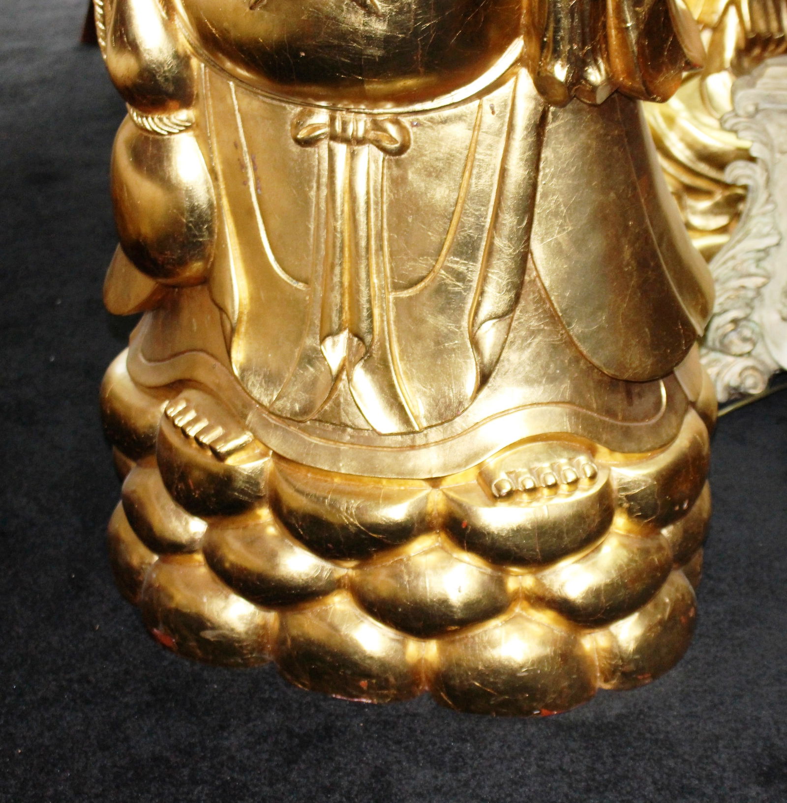 Large Gilded Carved Wood Laughing Buddha Sculpture on Lotus Base - 5