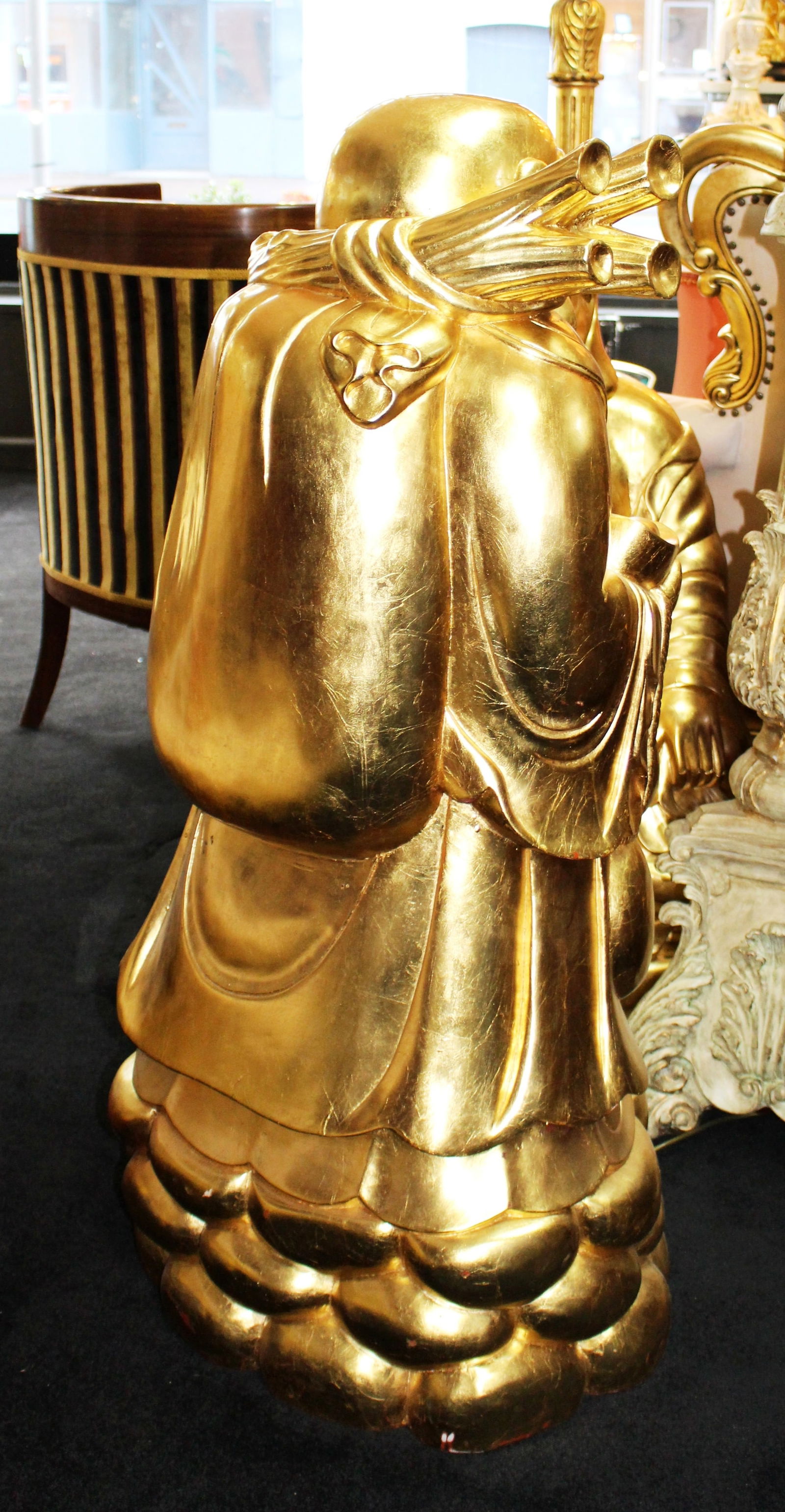 Large Gilded Carved Wood Laughing Buddha Sculpture on Lotus Base - 6