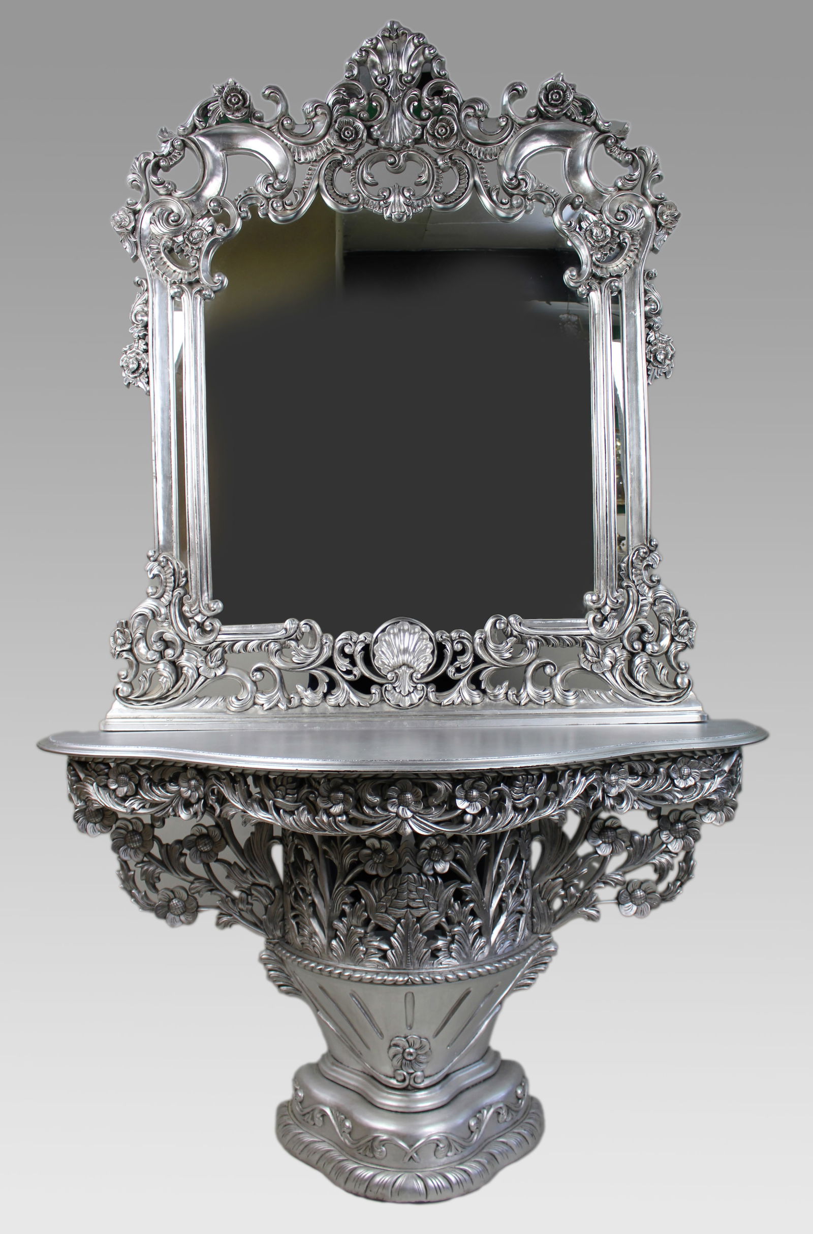 Vintage Baroque Style Silver Leaf Console Table and Mirror (1 of 6)
