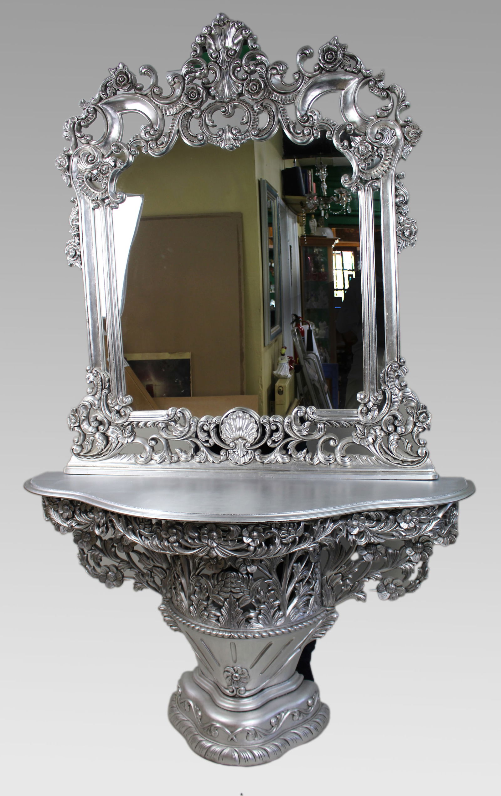 Vintage Baroque Style Silver Leaf Console Table and Mirror - 2