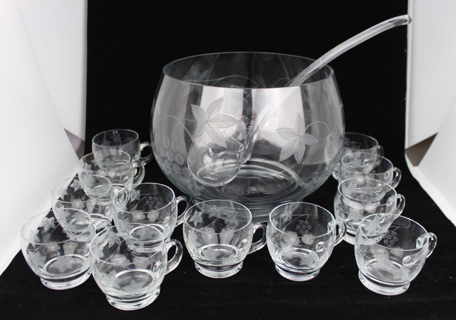 Vintage Etched Crystal Punch Bowl, Ladle & 12 Glasses - 2