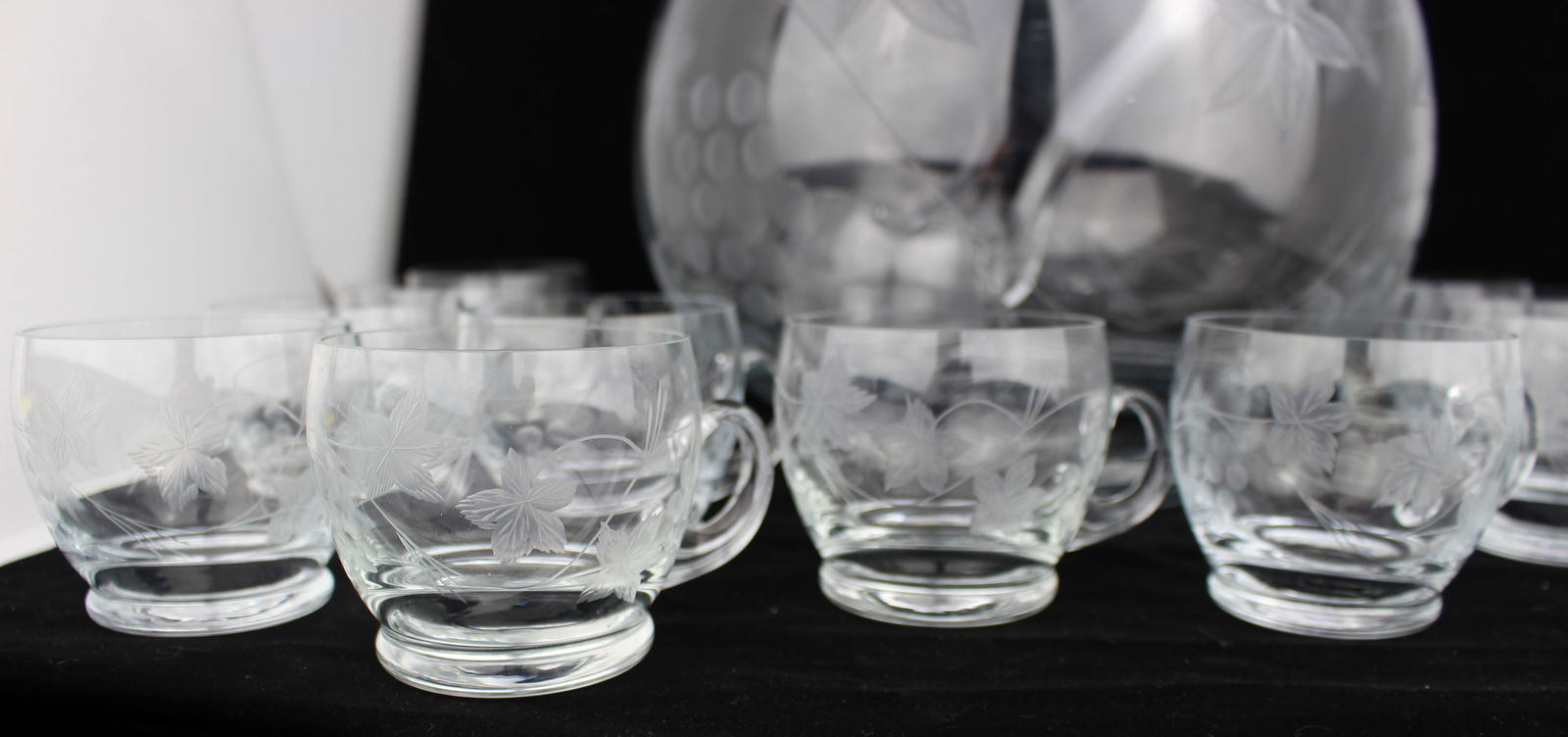 Vintage Etched Crystal Punch Bowl, Ladle & 12 Glasses - 3