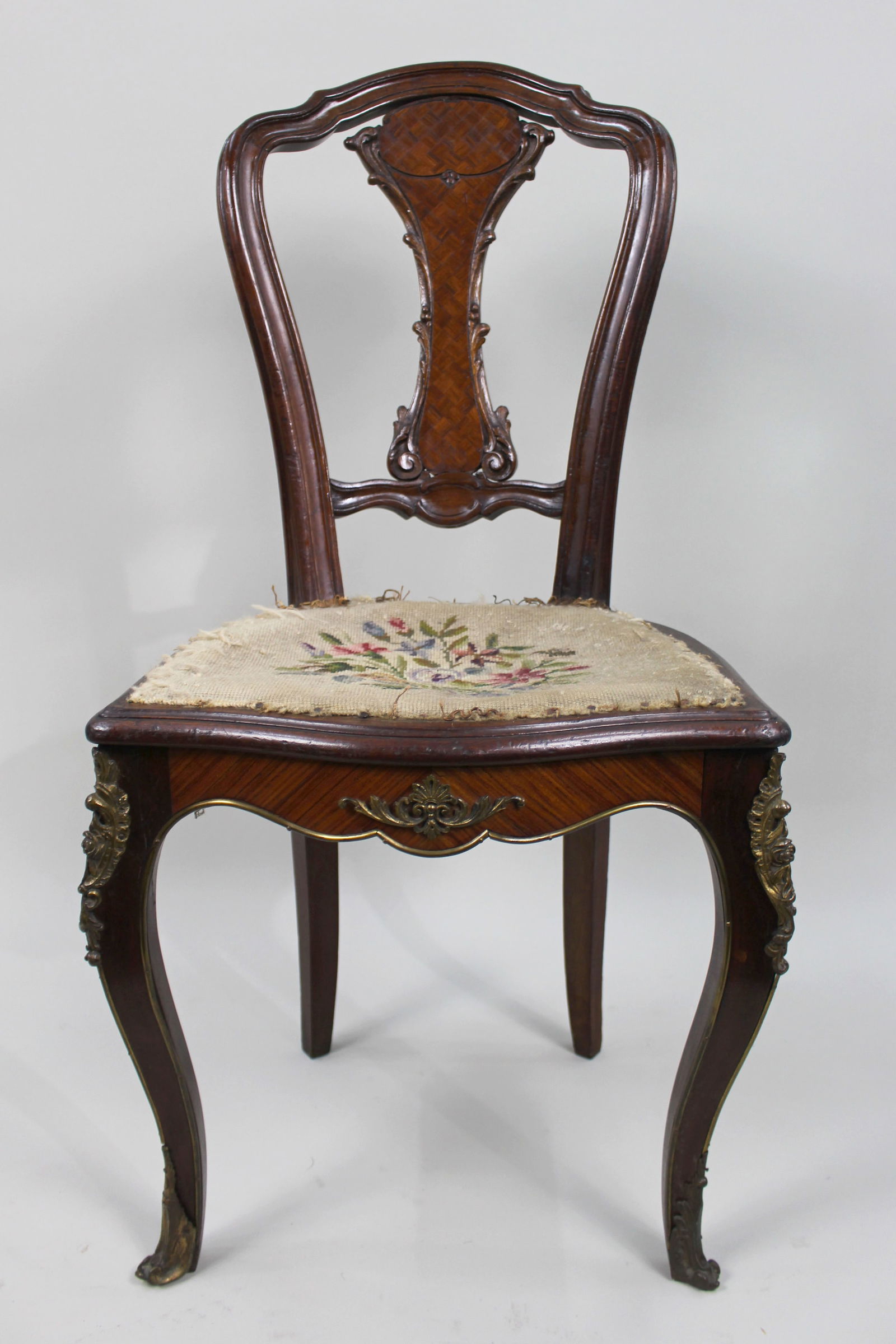 19th Century French Kingwood Parquetry Side Chair with Ormolu Mounts: Title: 19th Century French Kingwood Parquetry Side Chair with Ormolu Mounts Description: Antique French Kingwood Parquetry Side Chair with Ormolu Mounts, c.1860–1880 A fine 19th c