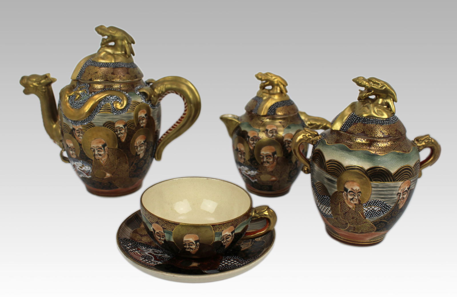 Japanese Moriage Dragonware Tea Set with Arhats – c.1950, Original Case - 16