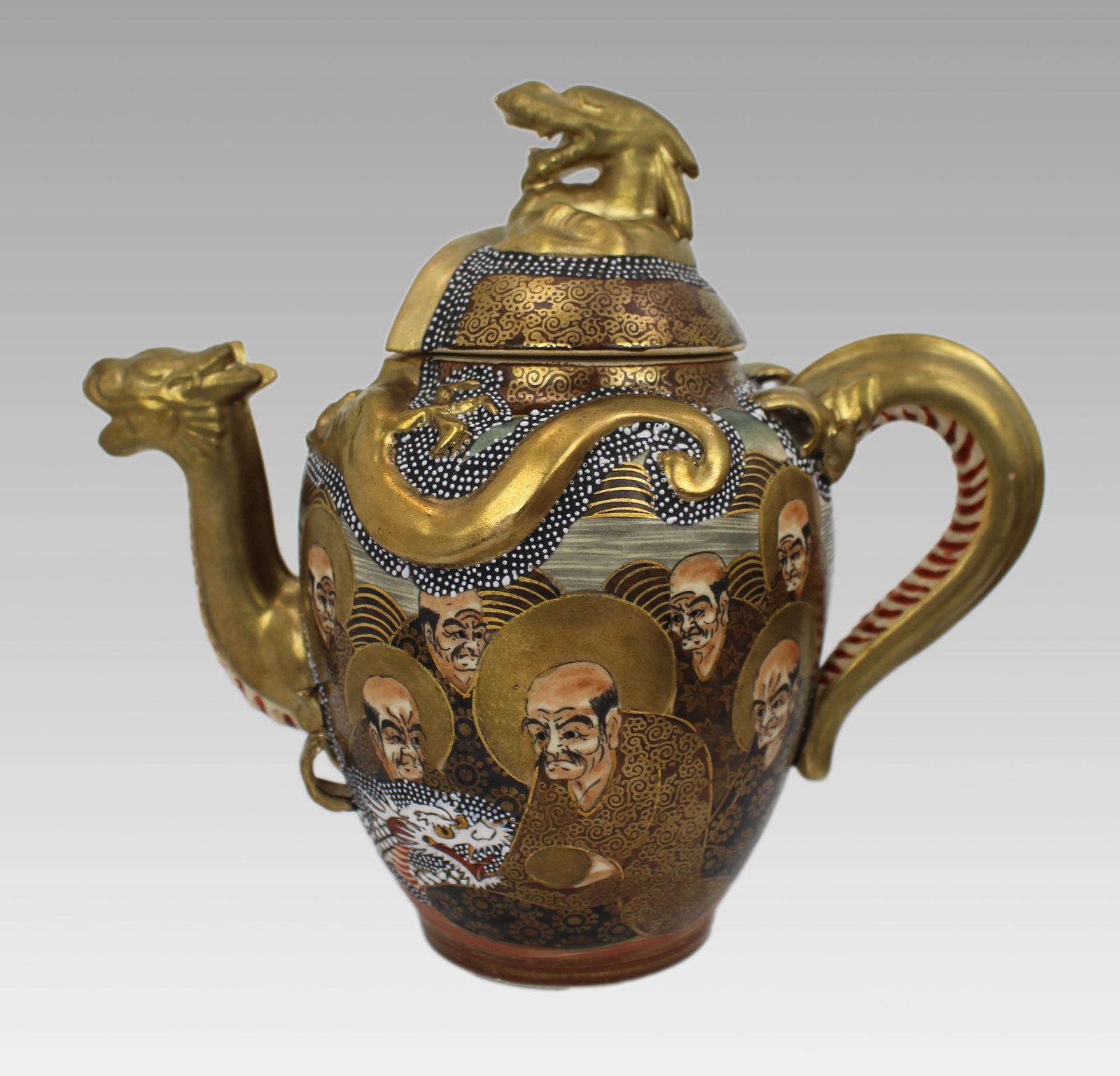 Japanese Moriage Dragonware Tea Set with Arhats – c.1950, Original Case - 17