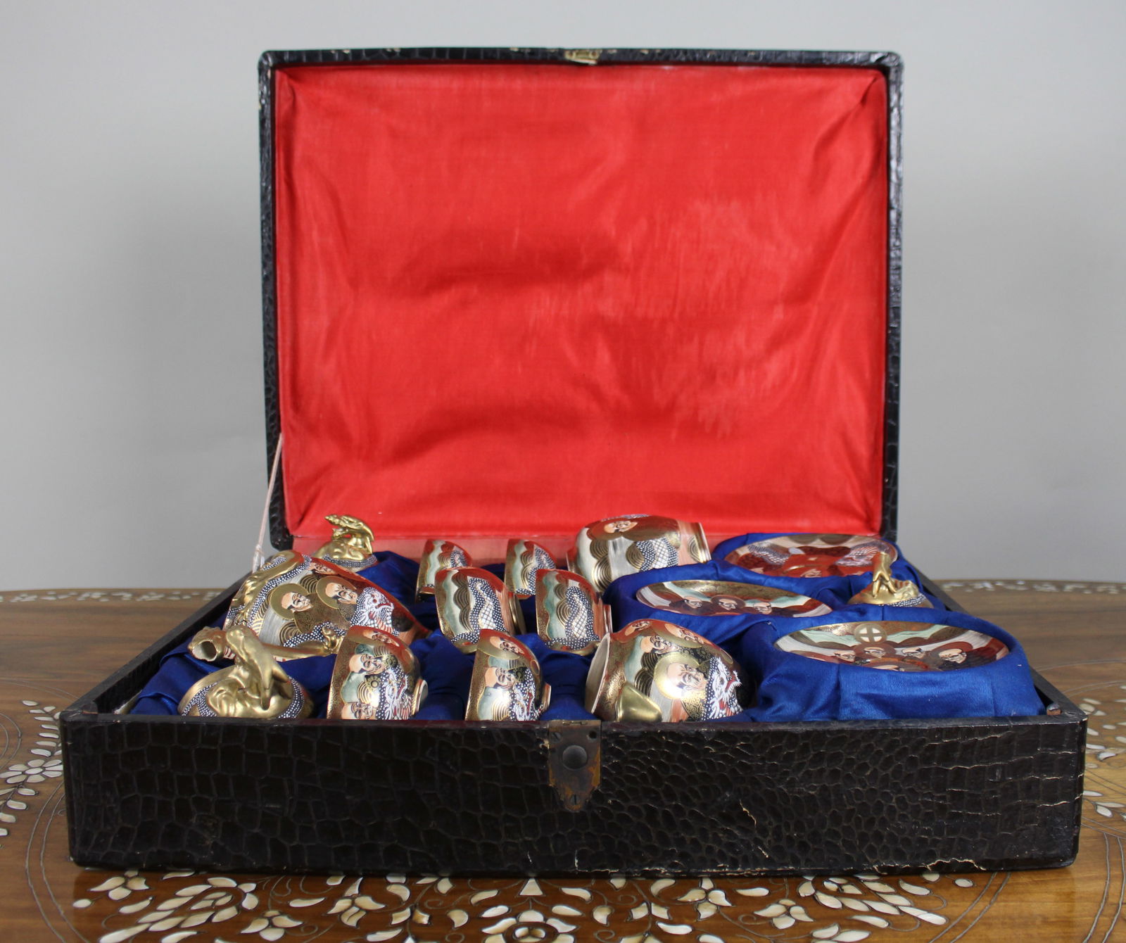 Japanese Moriage Dragonware Tea Set with Arhats – c.1950, Original Case - 2