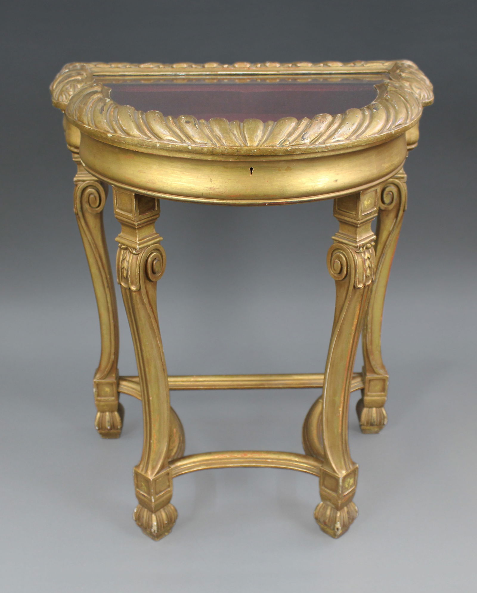 Giltwood Demi-Lune Bijouterie Table, c.1900: Title: Giltwood Demi-Lune Bijouterie Table, c.1900 Description: Giltwood Demi-Lune Bijouterie Table, c.1900 An attractive late 19th / early 20th century giltwood demi-lune bi