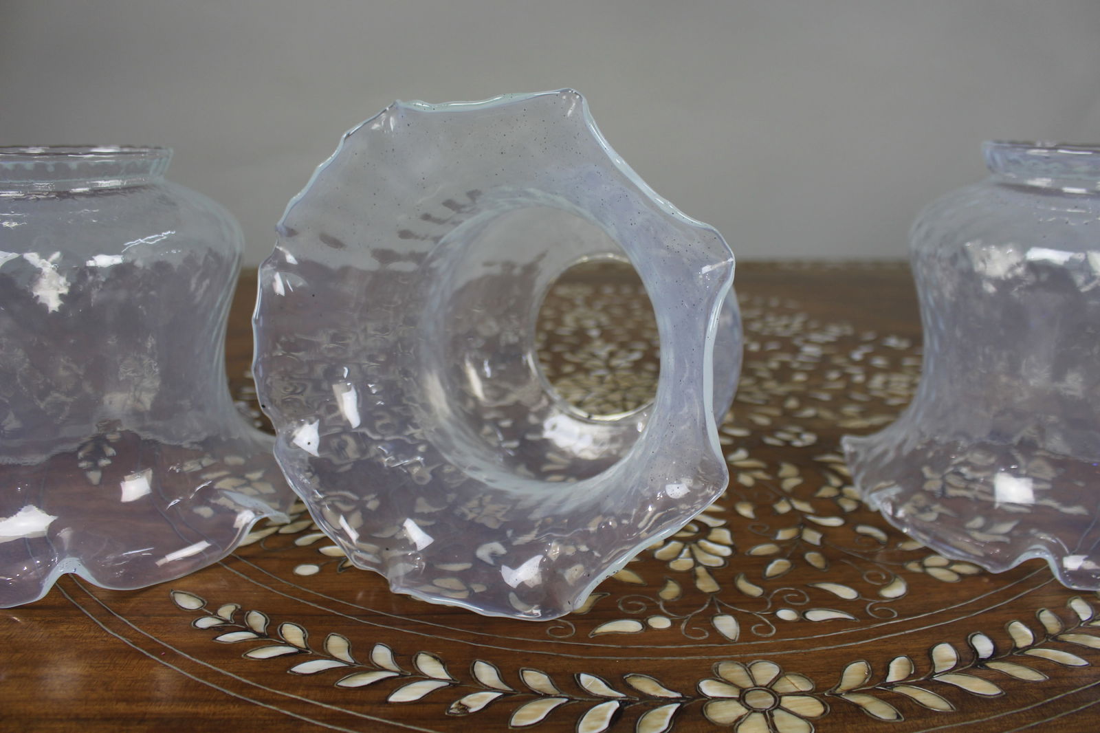 Antique Gothic Revival Brass Three-Light Gasolier with Opalescent Glass Shades, circa 1900 - 15