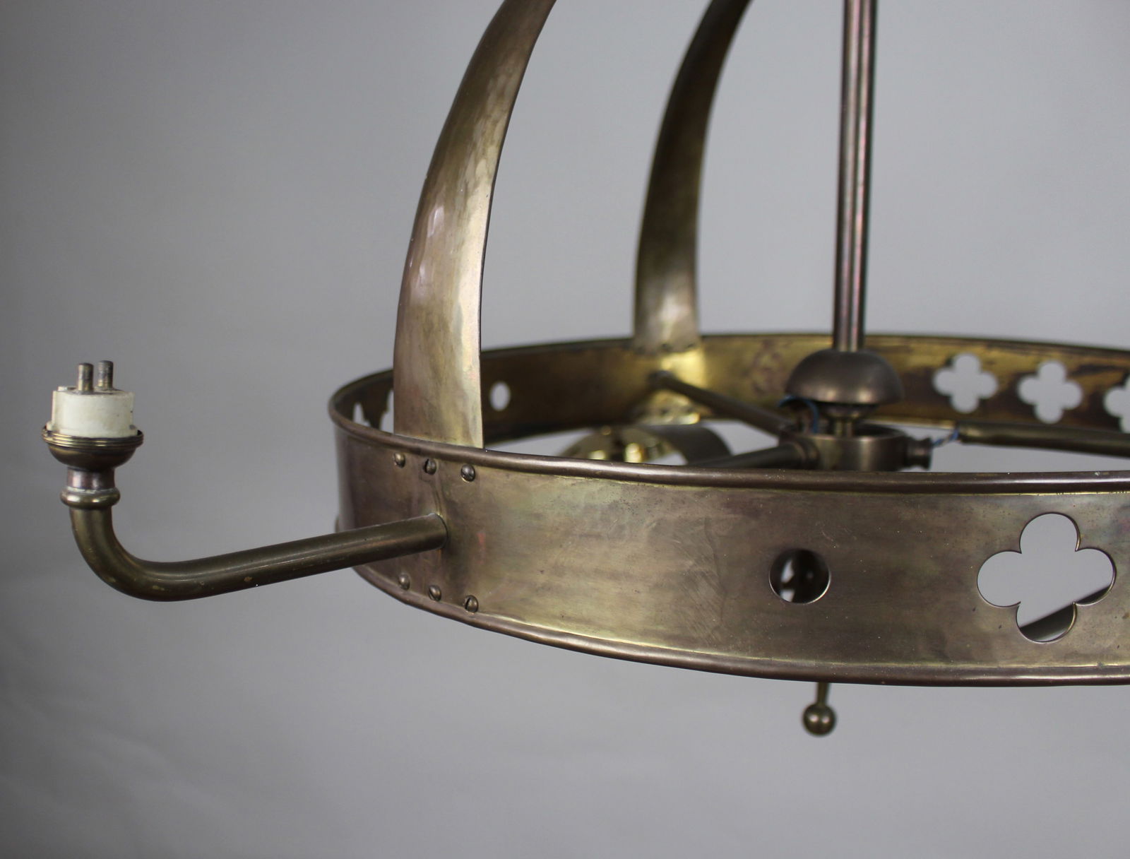 Antique Gothic Revival Brass Three-Light Gasolier with Opalescent Glass Shades, circa 1900 - 3