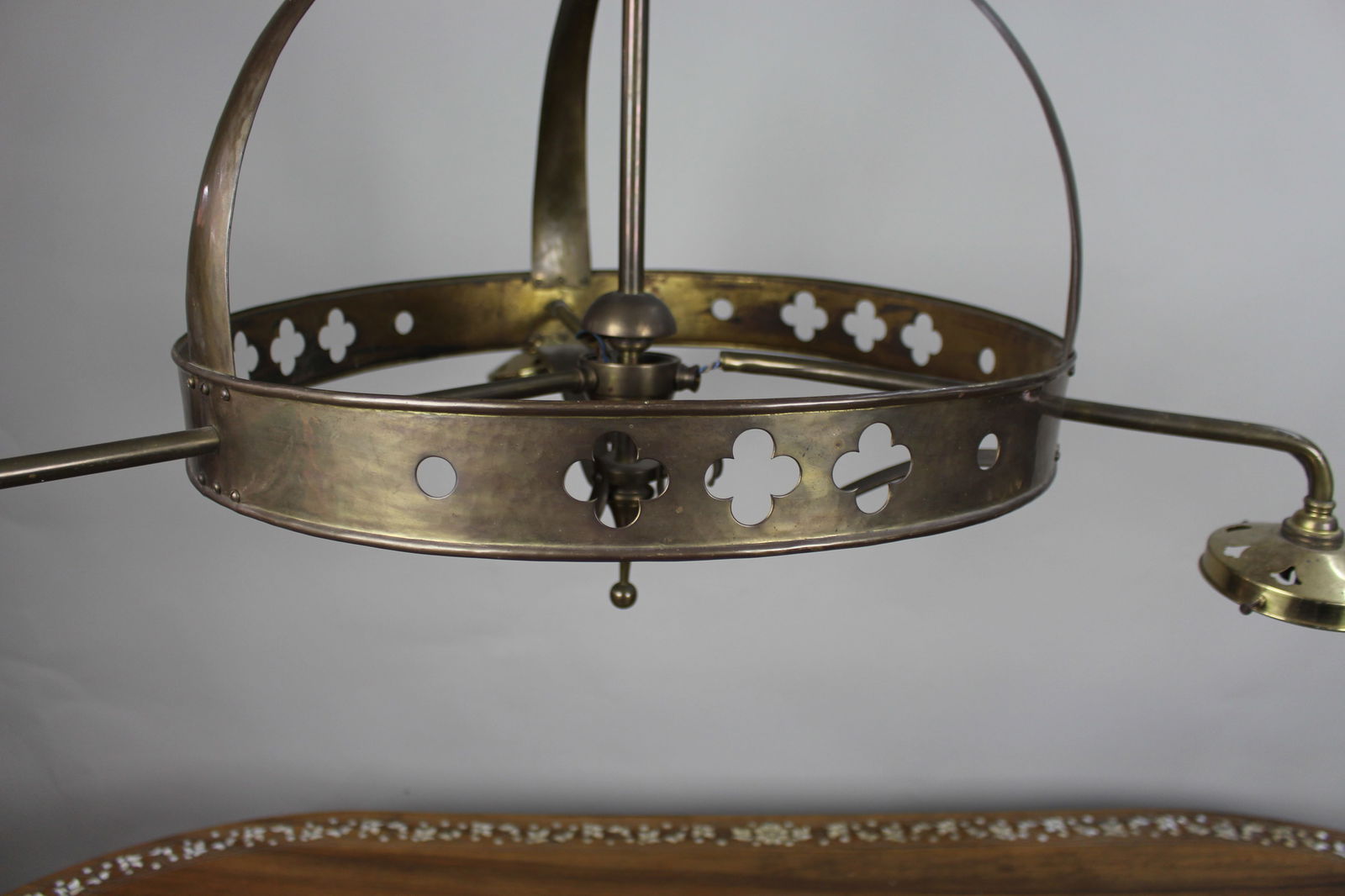 Antique Gothic Revival Brass Three-Light Gasolier with Opalescent Glass Shades, circa 1900 - 5