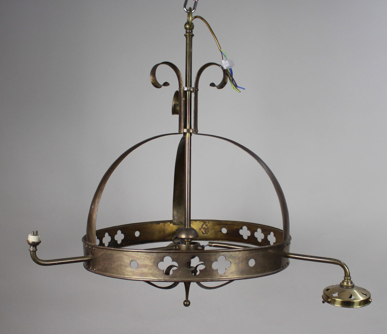 Antique Gothic Revival Brass Three-Light Gasolier with Opalescent Glass Shades, circa 1900 - 6