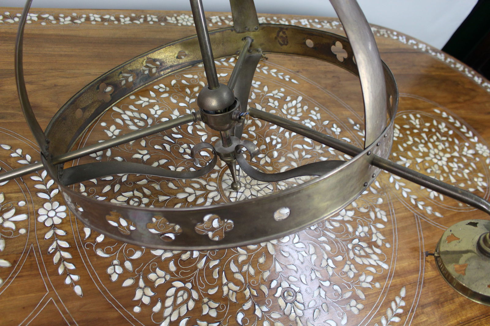 Antique Gothic Revival Brass Three-Light Gasolier with Opalescent Glass Shades, circa 1900 - 9