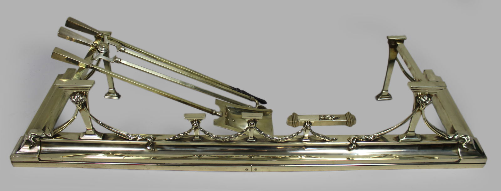 Antique Edwardian Brass Fireplace Fender & Matching Fire Irons - 3