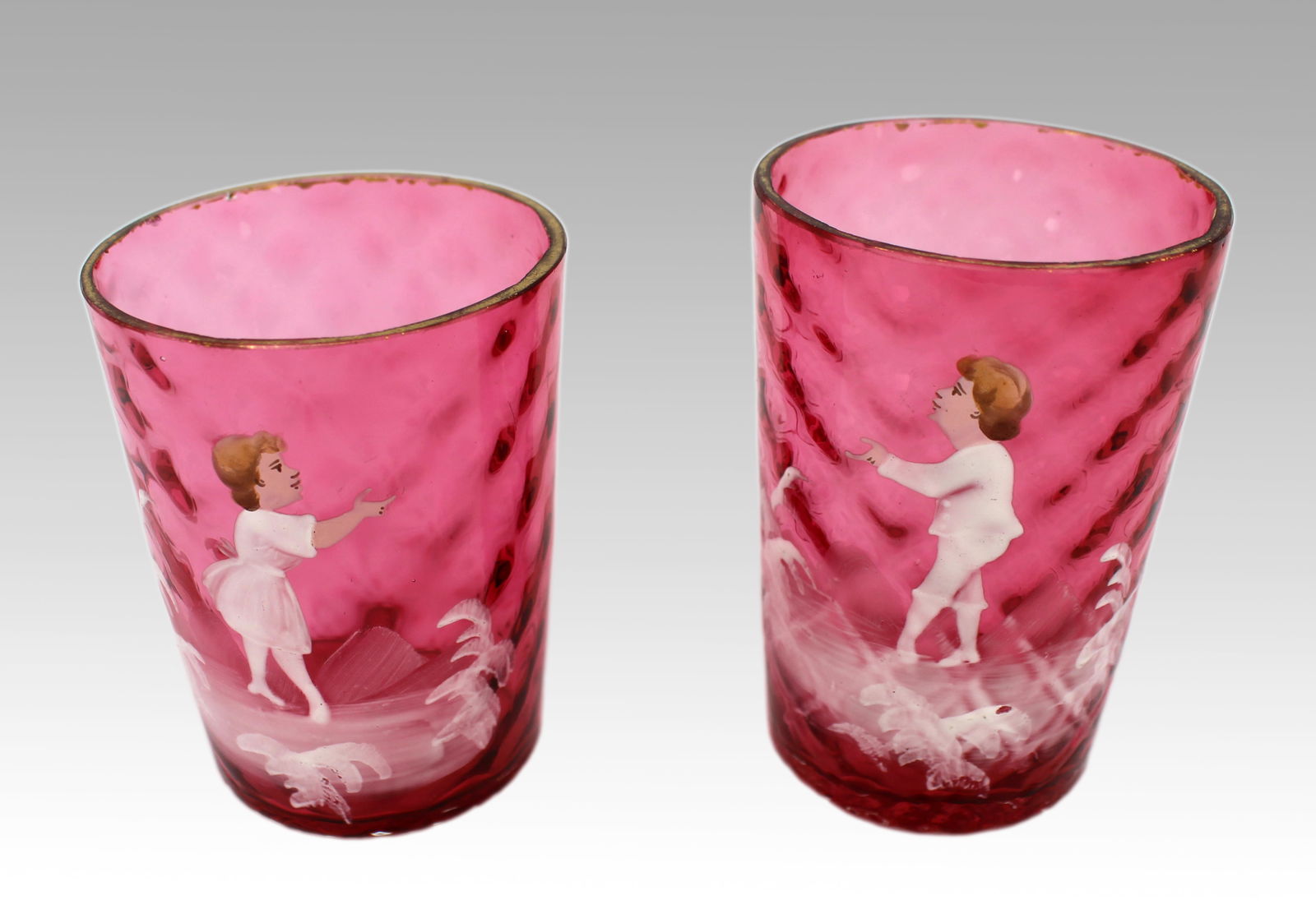 Pair of Victorian Cranberry Glass Tumblers – Mary Gregory Style - 2