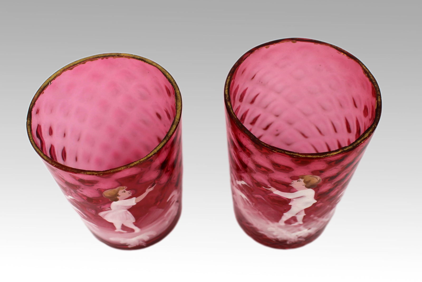 Pair of Victorian Cranberry Glass Tumblers – Mary Gregory Style - 4
