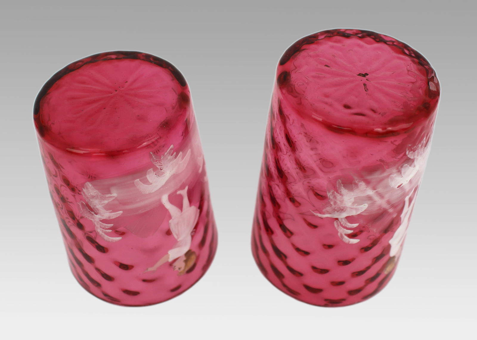 Pair of Victorian Cranberry Glass Tumblers – Mary Gregory Style - 5