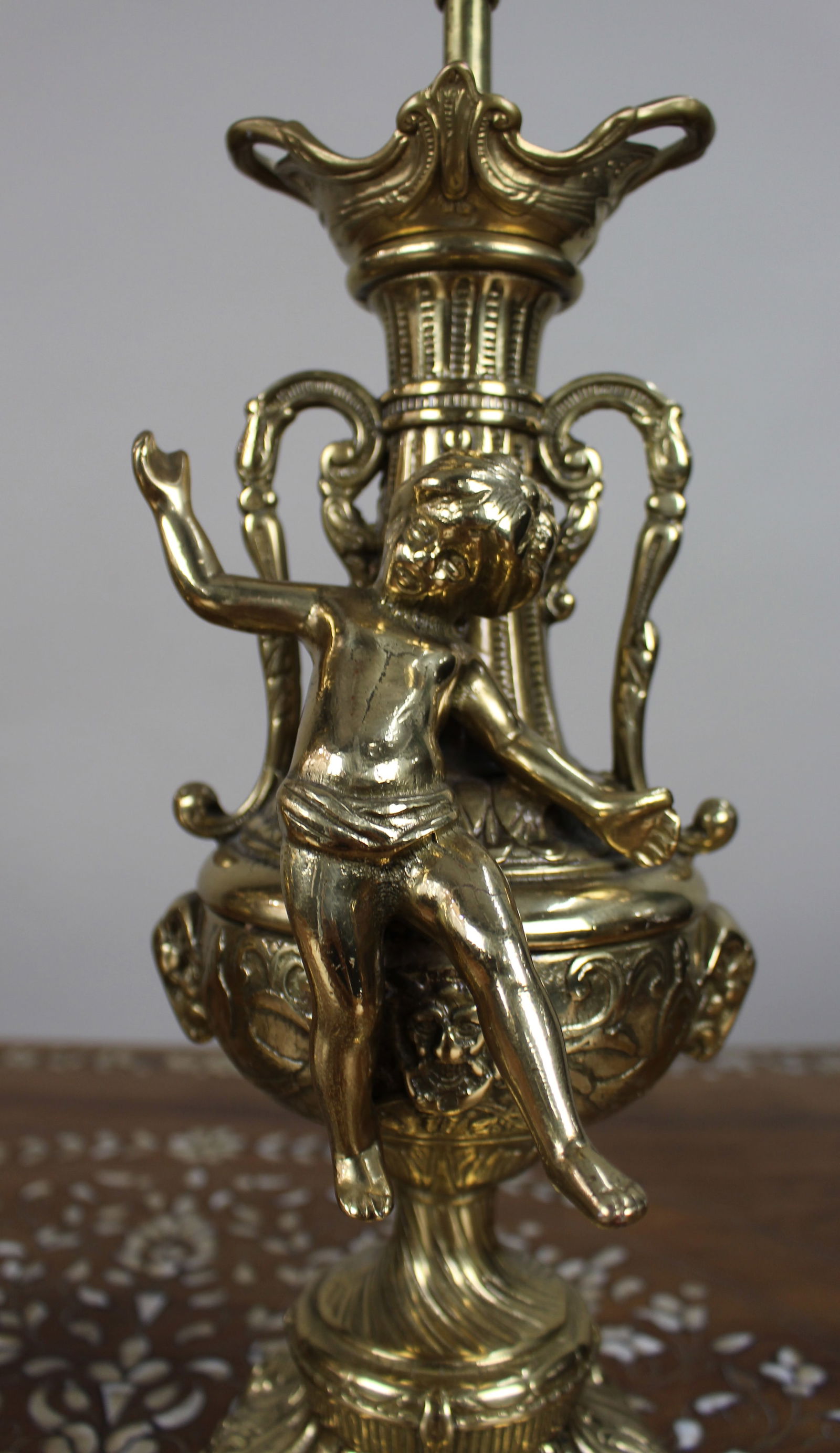 Pair of Vintage Rococo Revival Brass Cherub Table Lamps - 4