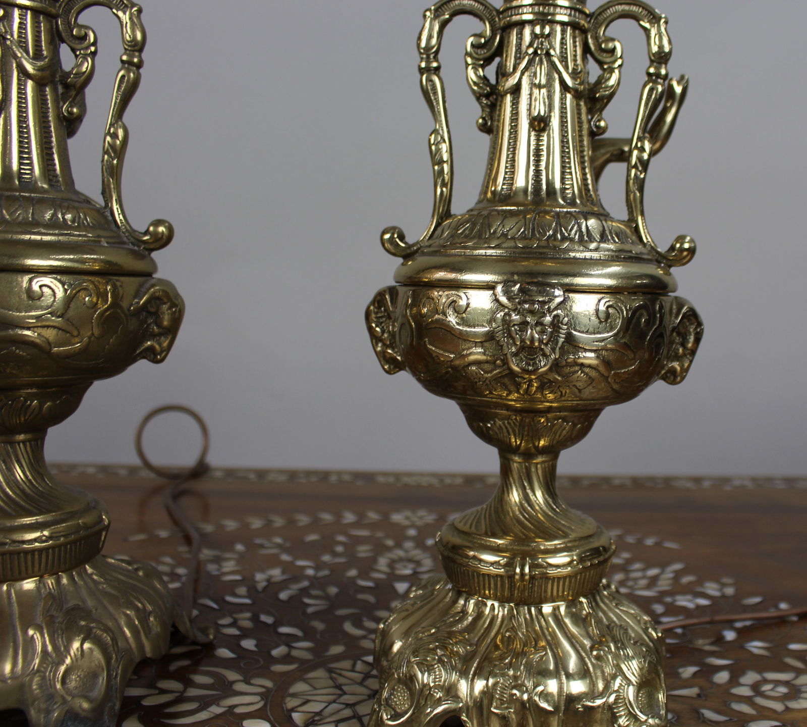 Pair of Vintage Rococo Revival Brass Cherub Table Lamps - 9