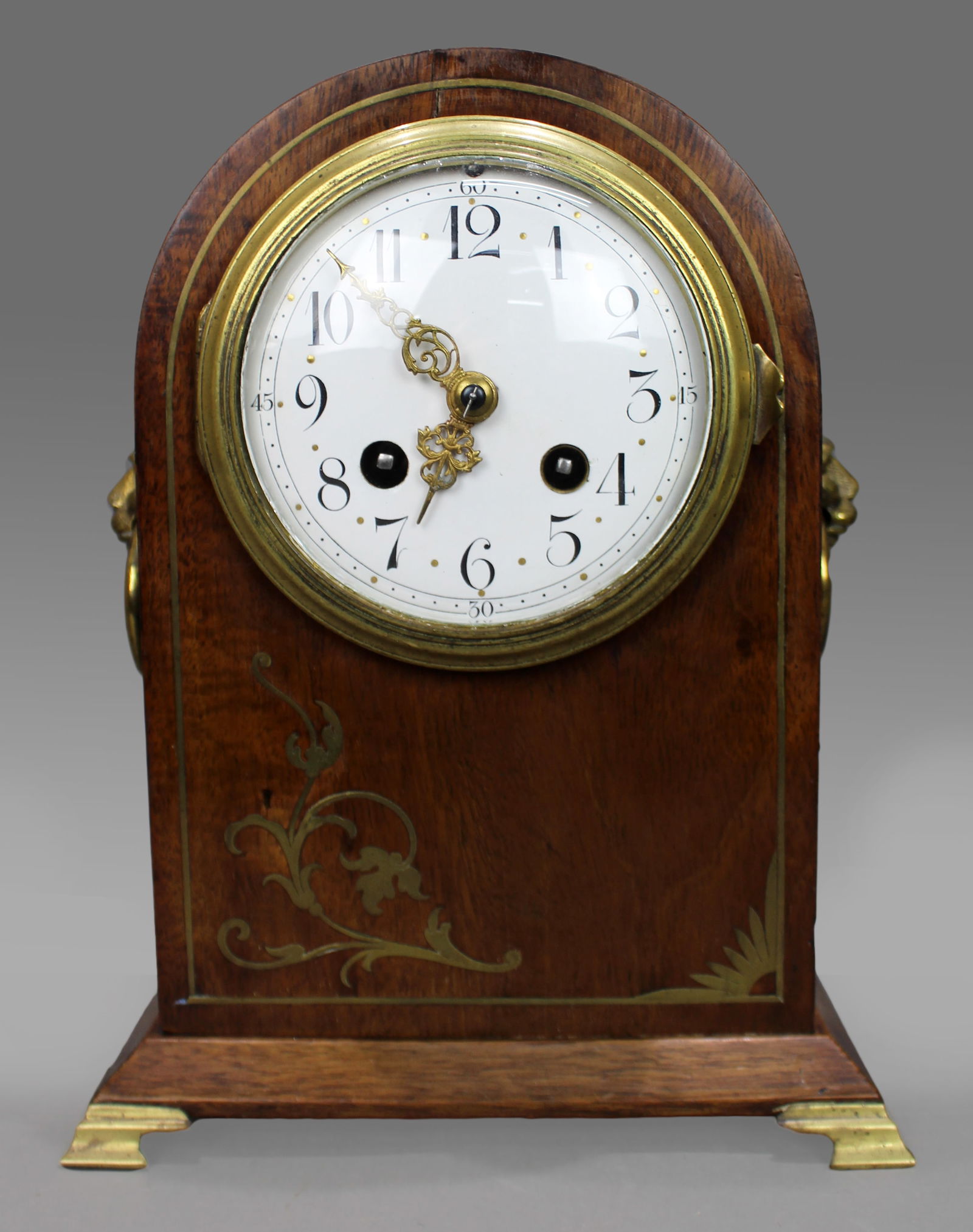 Antique French Mahogany & Brass Inlaid Mantel Clock by Marti c.1900 - 2