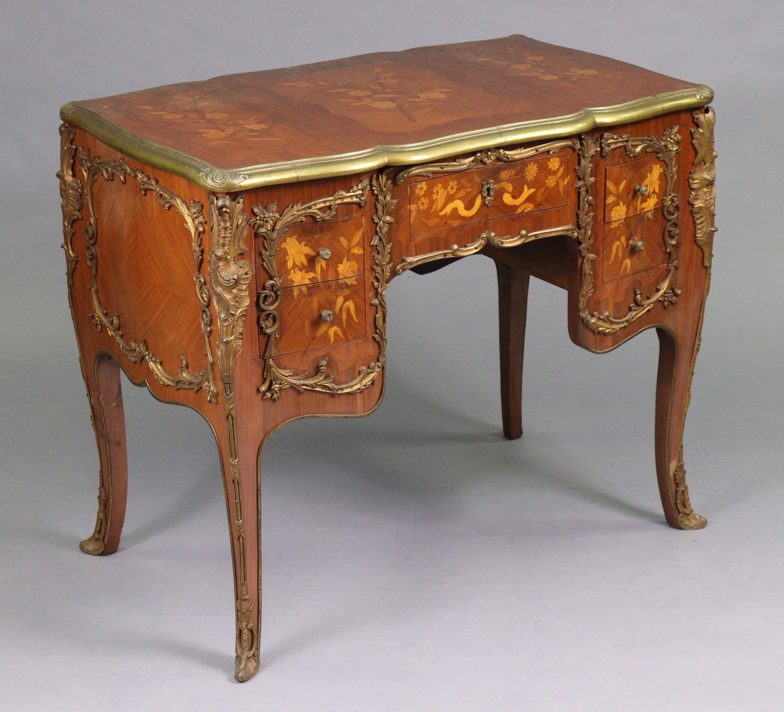 Louis XV Style Marquetry Inlaid Brass Bound Desk (1 of 4)