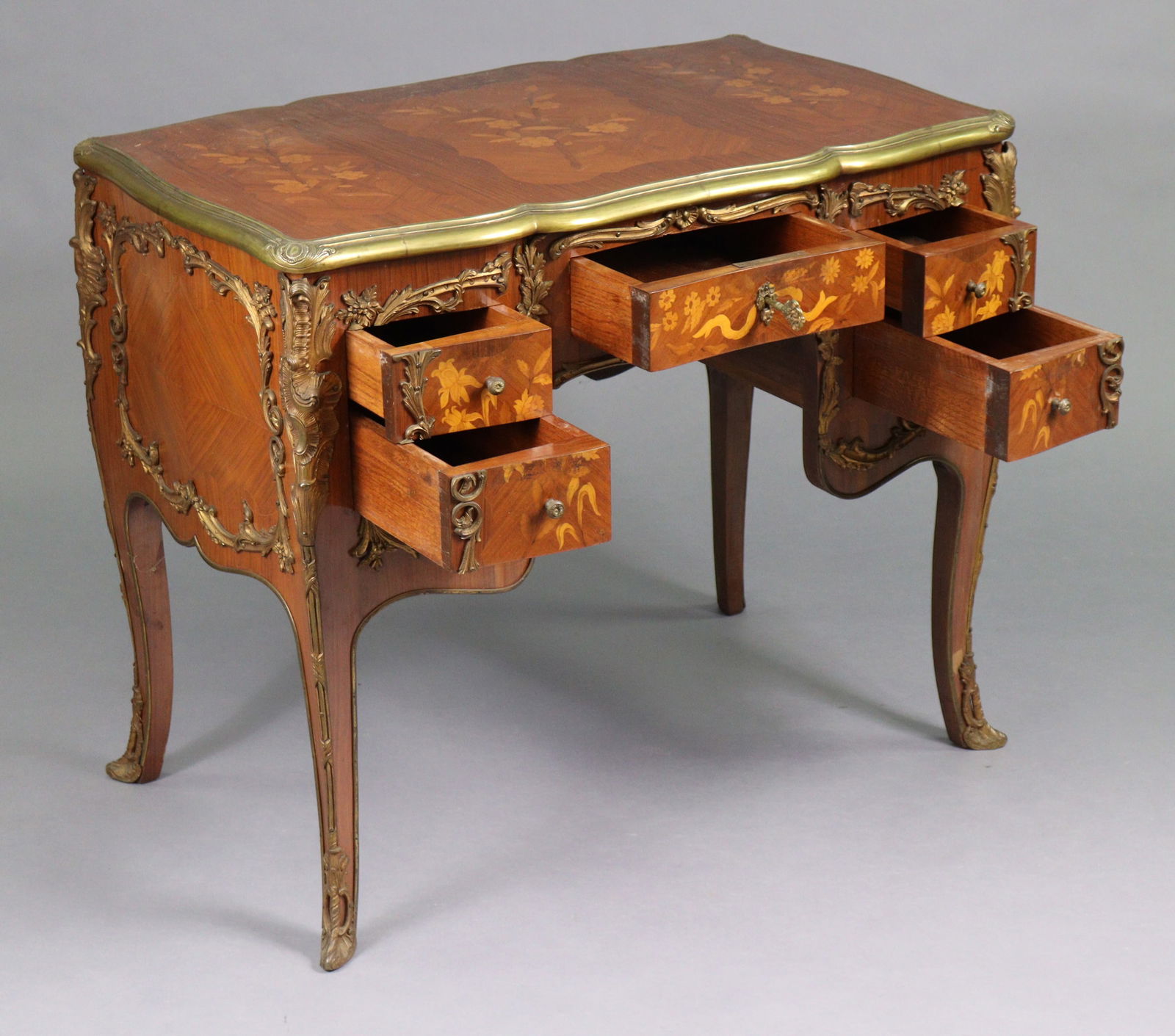 Louis XV Style Marquetry Inlaid Brass Bound Desk - 2