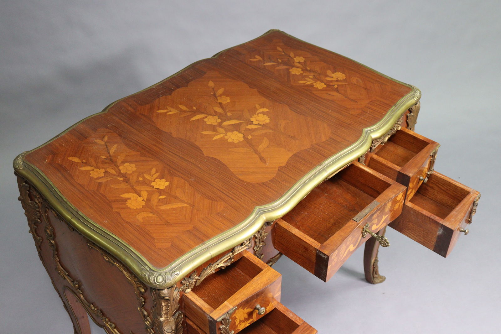 Louis XV Style Marquetry Inlaid Brass Bound Desk - 3