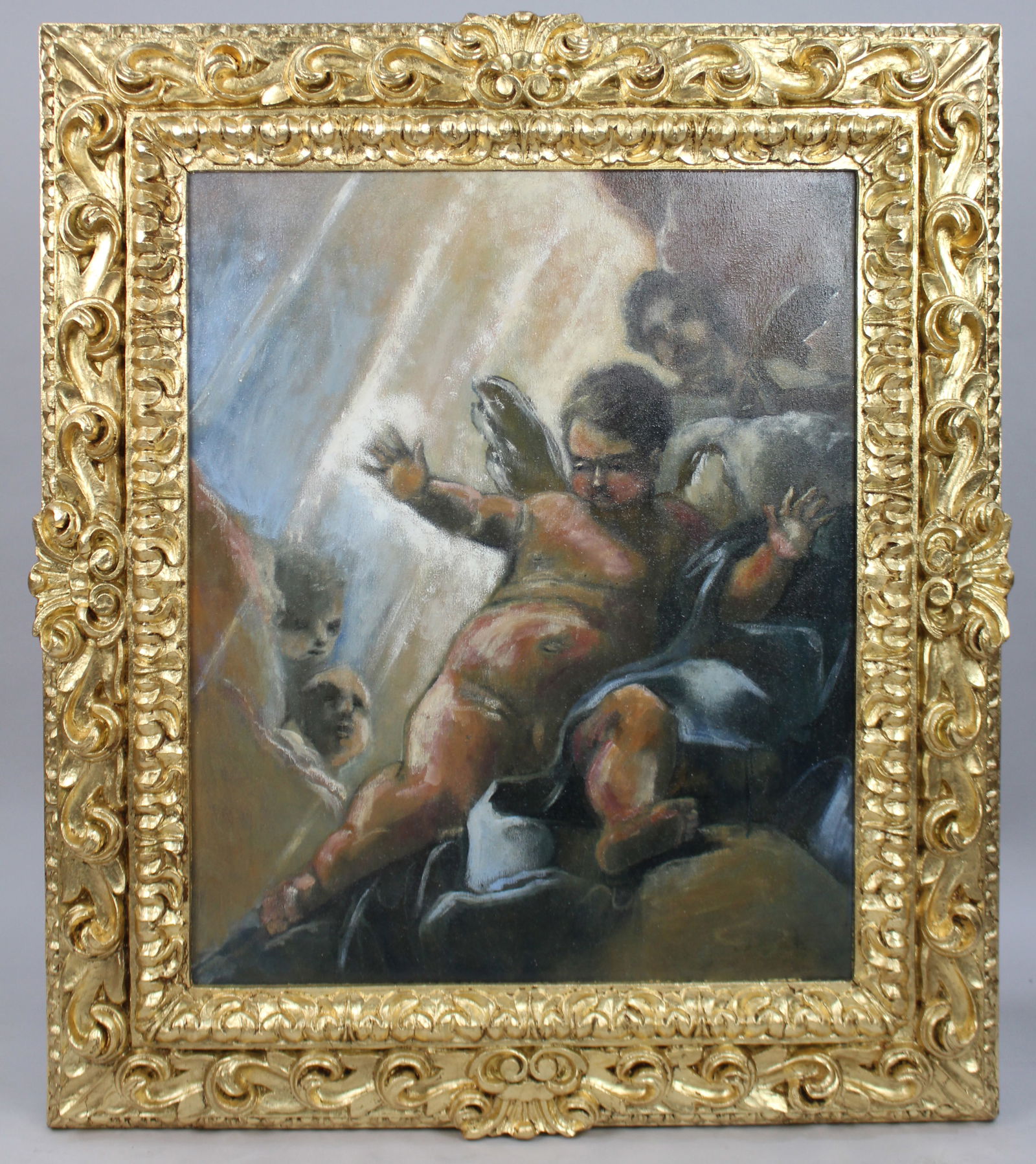Fine Italian Oil on Canvas Set in Carved Giltwood Frame: Title: Fine Italian Oil on Canvas Set in Carved Giltwood Frame Description: Italian School Oil in the Renaissance Style Set in Carved Giltwood Frame A finely painted oil on canvas in t