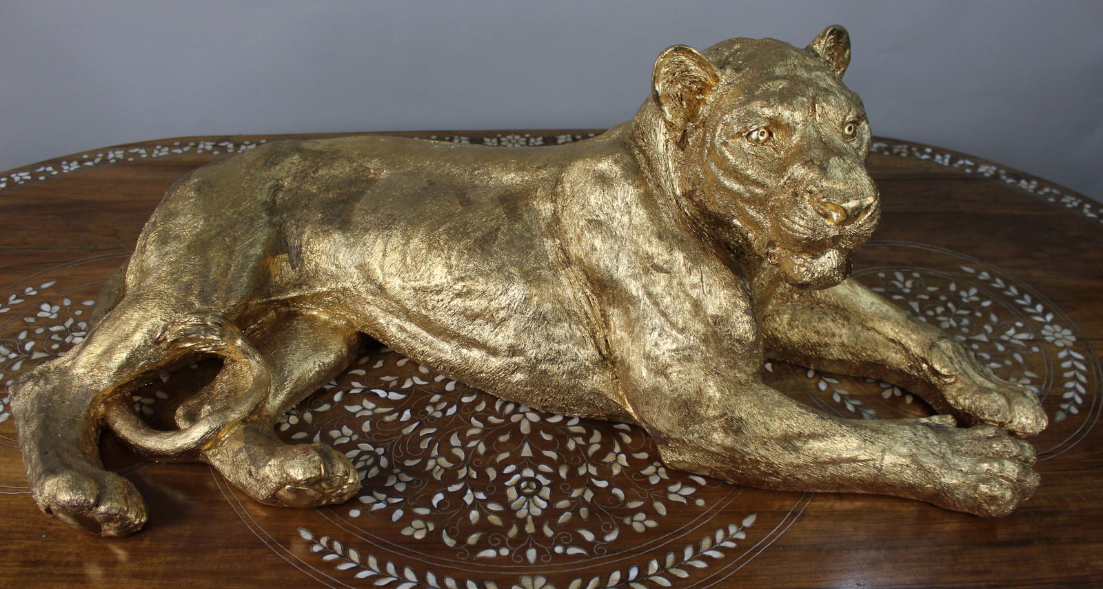 Large Reclining Lioness Sculpture Resin with Hand-Applied Gold Leaf Finish - 2