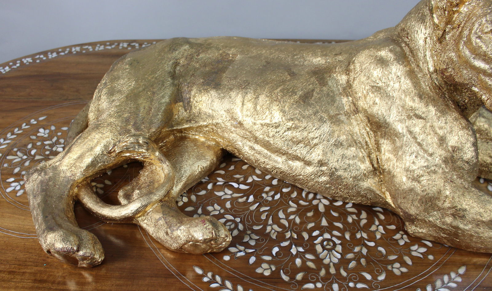 Large Reclining Lioness Sculpture Resin with Hand-Applied Gold Leaf Finish - 5