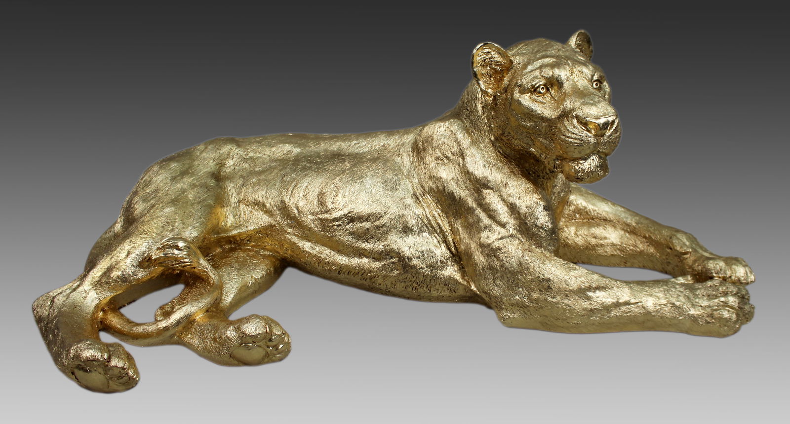 Large Reclining Lioness Sculpture Resin with Hand-Applied Gold Leaf Finish - 7