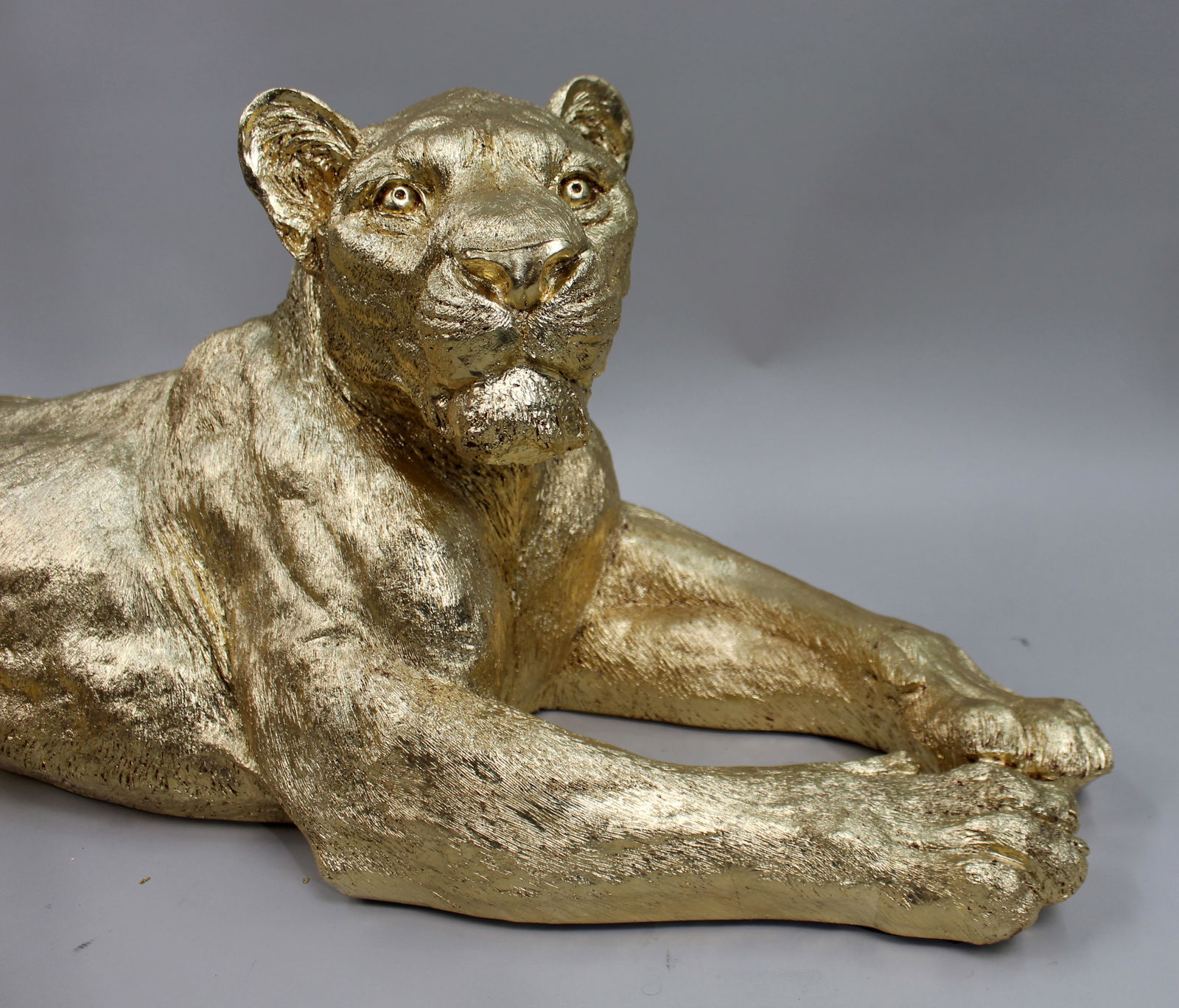 Large Reclining Lioness Sculpture Resin with Hand-Applied Gold Leaf Finish - 9