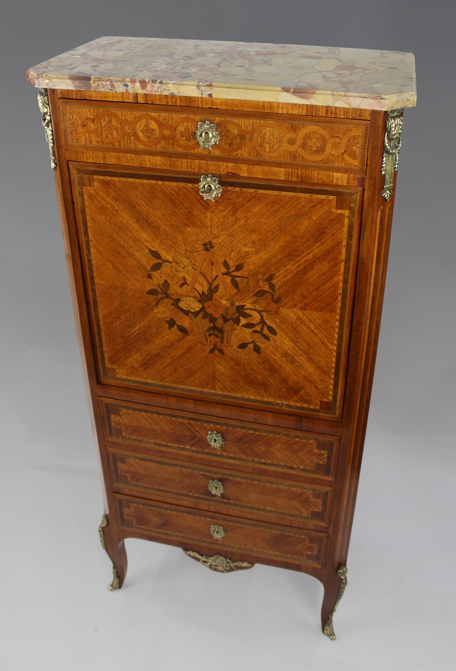 Fine Antique French Marquetry Escritoire c.1880: Title: Fine Antique French Marquetry Escritoire c.1880 Description: 19th Century French Louis XV Style Marquetry Escritoire with Original Marble Top A fine quality late 19th