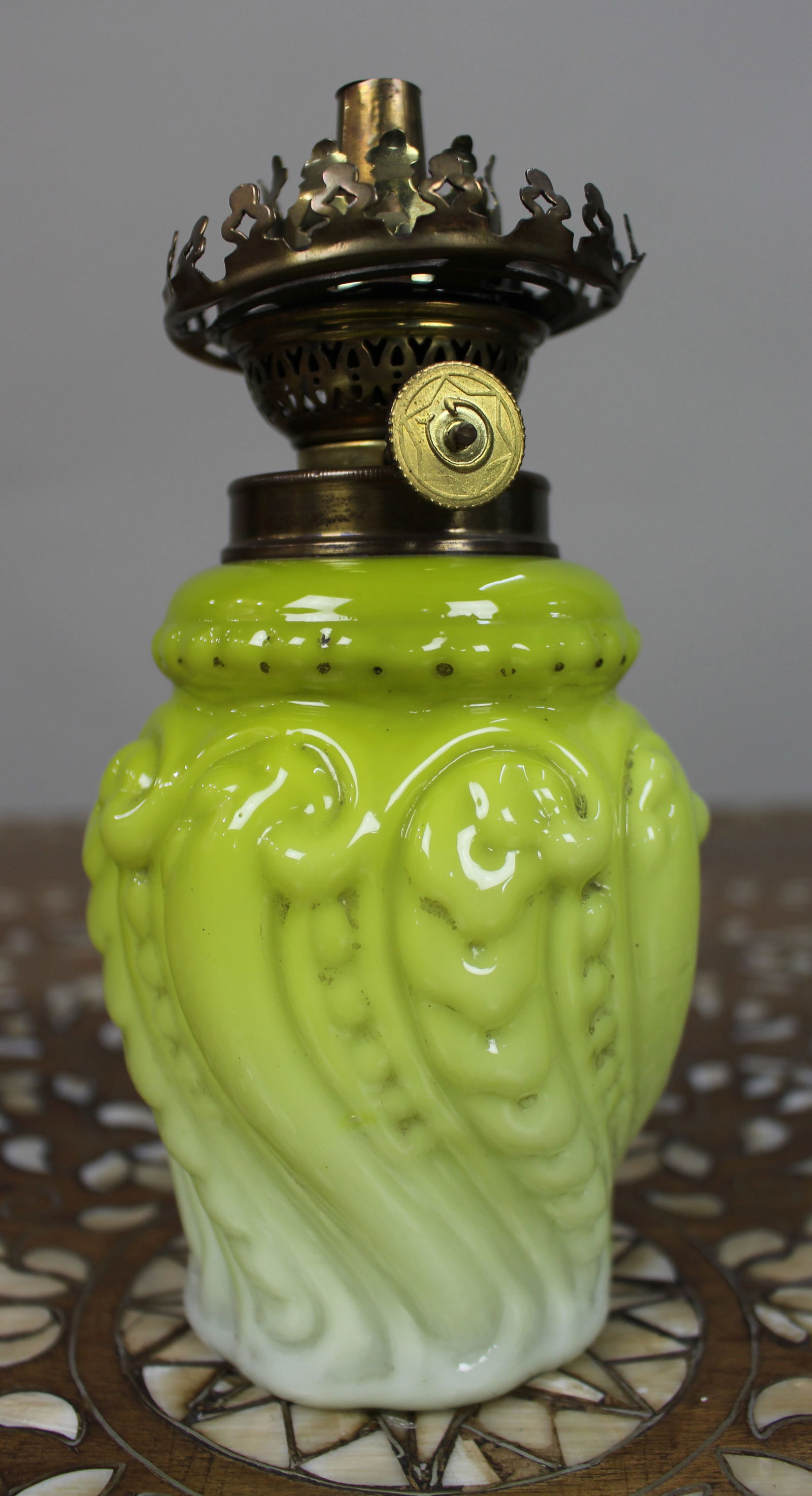 Victorian Yellow Opaline Glass Oil Lamp with Brass Burner - 2
