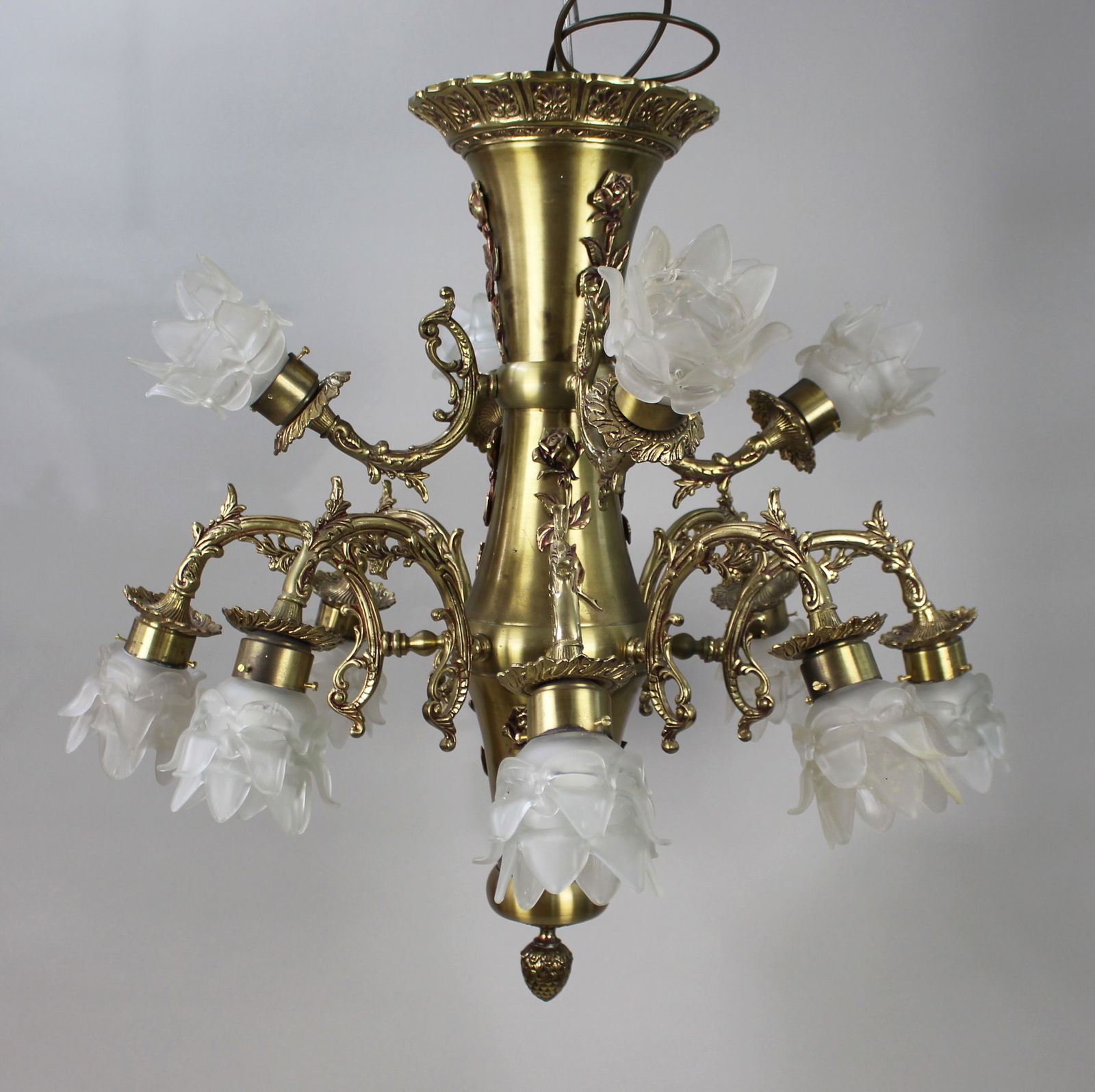 Vintage 12 Light French Brass Chandelier with Glass Shades (1 of 6)