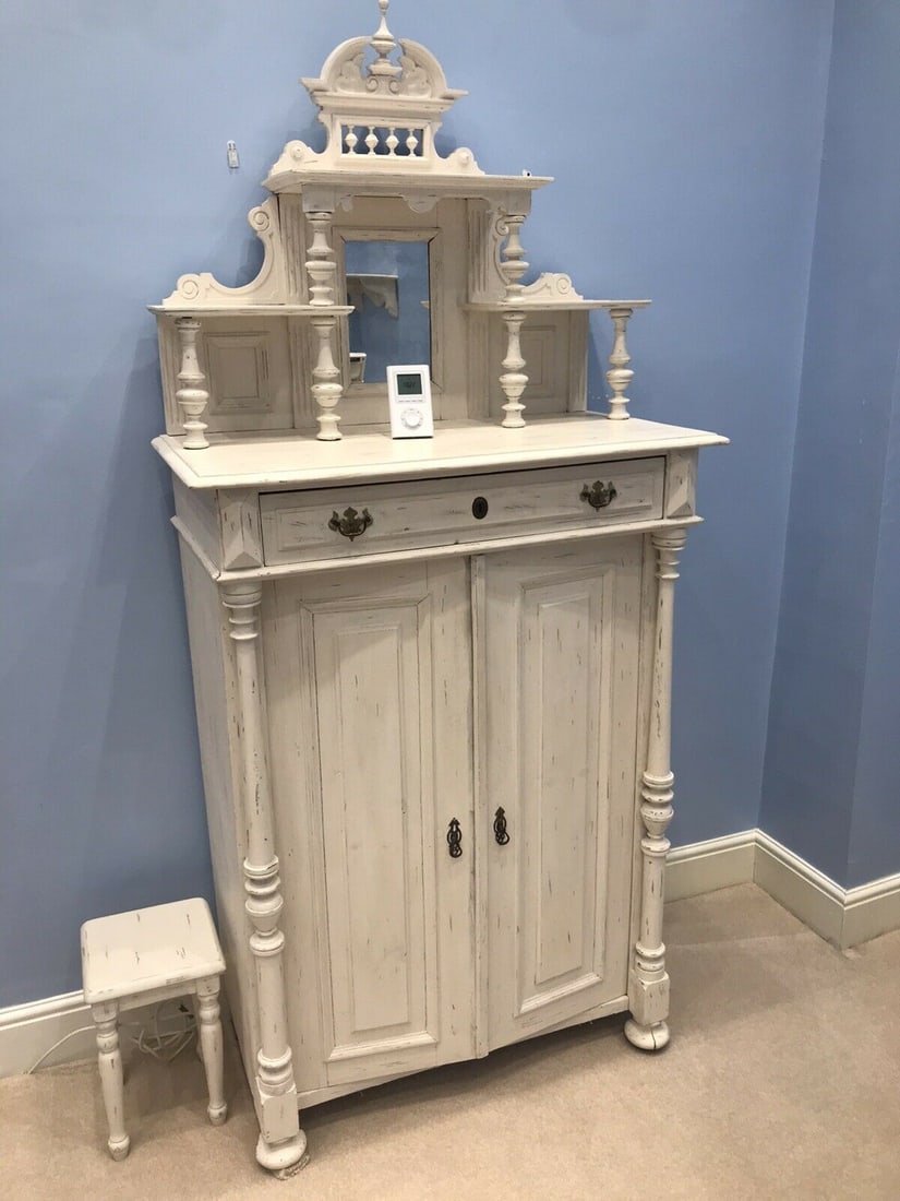 Painted French Style Pine Cabinet With Ornate Mirrored Top - 2
