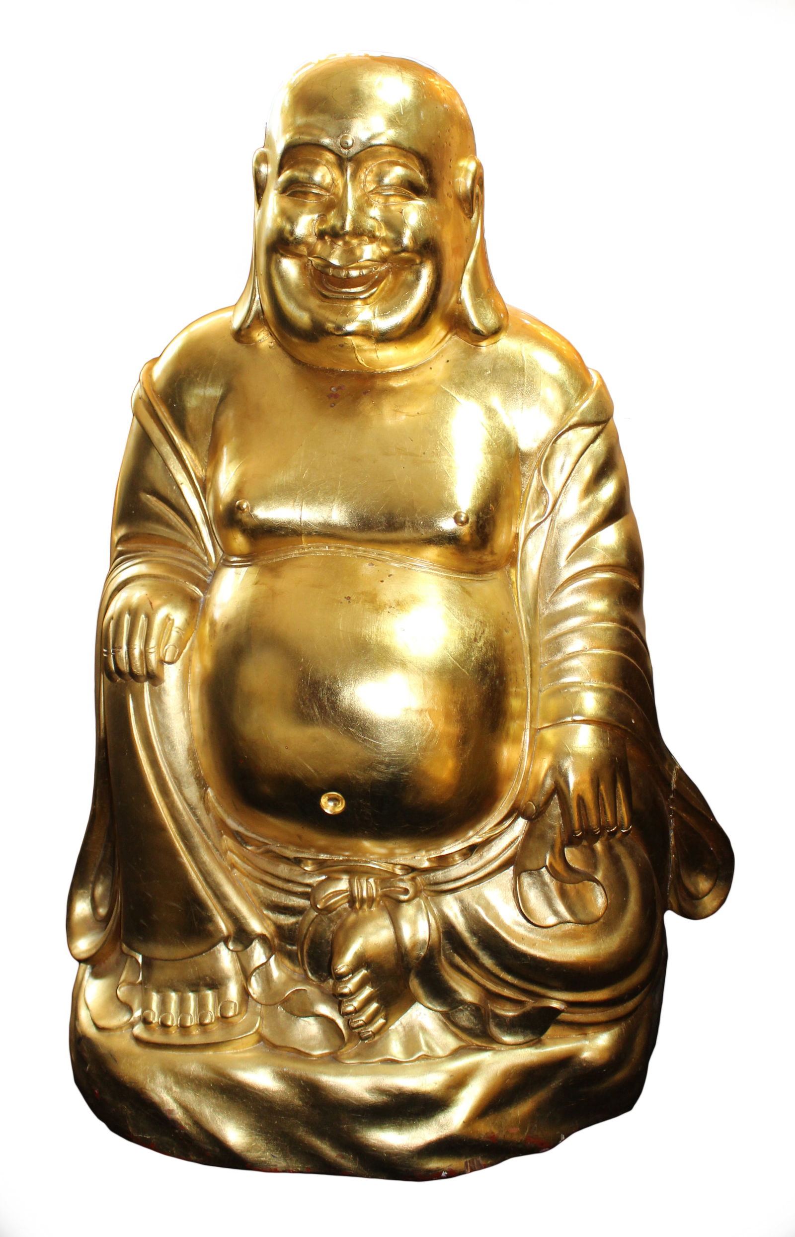 Large Hand Carved Giltwood Seated Laughing Buddha: Title: Large Hand Carved Giltwood Seated Laughing Buddha Description: Large Hand Carved Giltwood Seated Laughing Buddha Late 20th c. Hand carved wood with 22ct gold finish. Measures 71 x 50 x