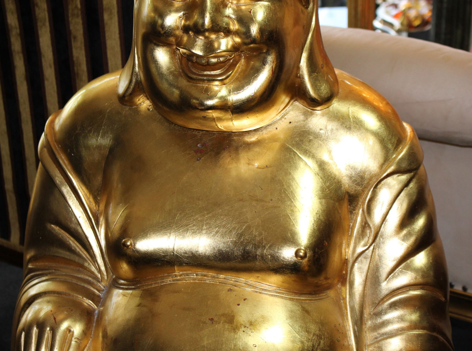 Large Hand Carved Giltwood Seated Laughing Buddha - 3