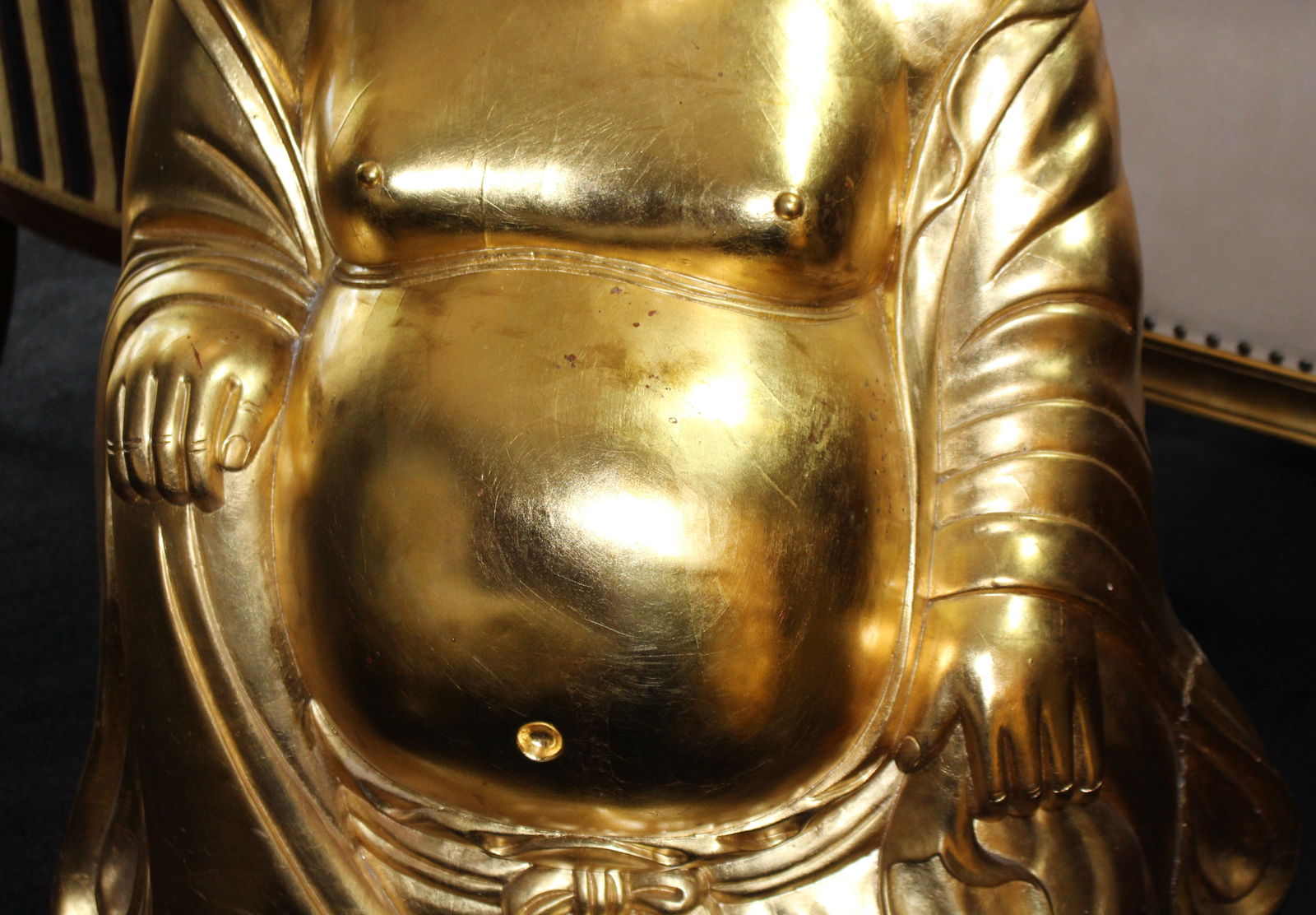 Large Hand Carved Giltwood Seated Laughing Buddha - 4