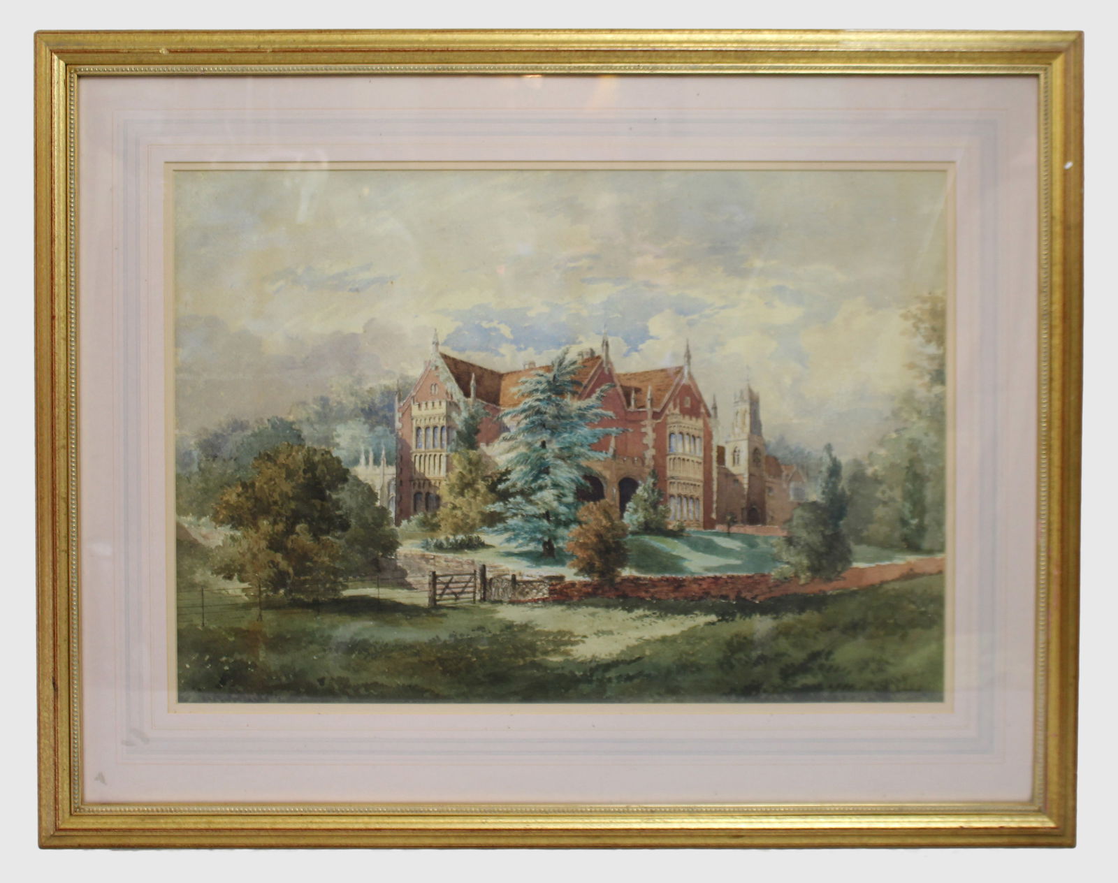 Early 20th c. Watercolour of English Stately Home: Title: Early 20th c. Watercolour of English Stately Home Description: Early 20th c. English Watercolour of a Country House in Gilt FrameEnglish School, circa 1910–1930 A well-