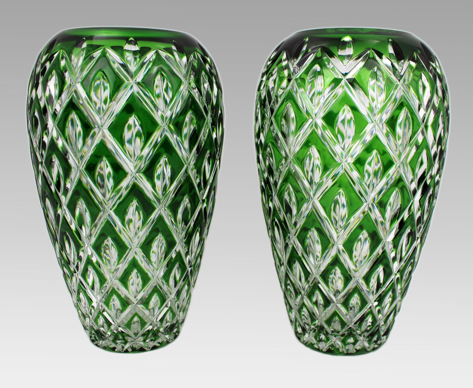 Pair of Royal Brierley Green Overlay Cut Crystal Vases: Title: Pair of Royal Brierley Green Overlay Cut Crystal Vases Description: Pair of Royal Brierley Green Overlay Cut Crystal Vases England, Late 20th Century An elegant pair of cut c