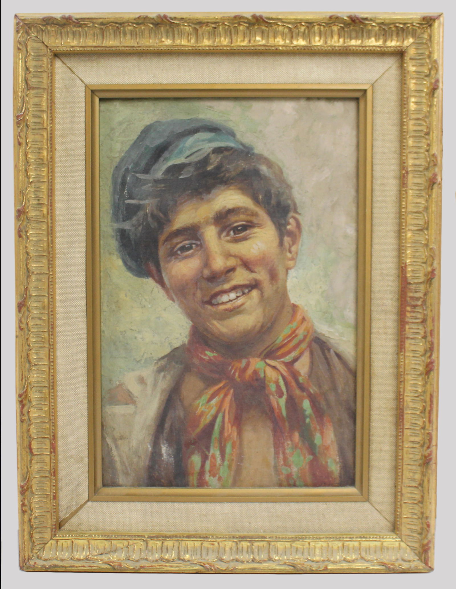 Italian School Portrait of a Neapolitan Youth Oil on Canvas: Title: Italian School Portrait of a Neapolitan Youth Oil on Canvas Description: Italian School Portrait of a Neapolitan Youth, c.1920Oil on canvas on board A finely painted portrait of a smiling