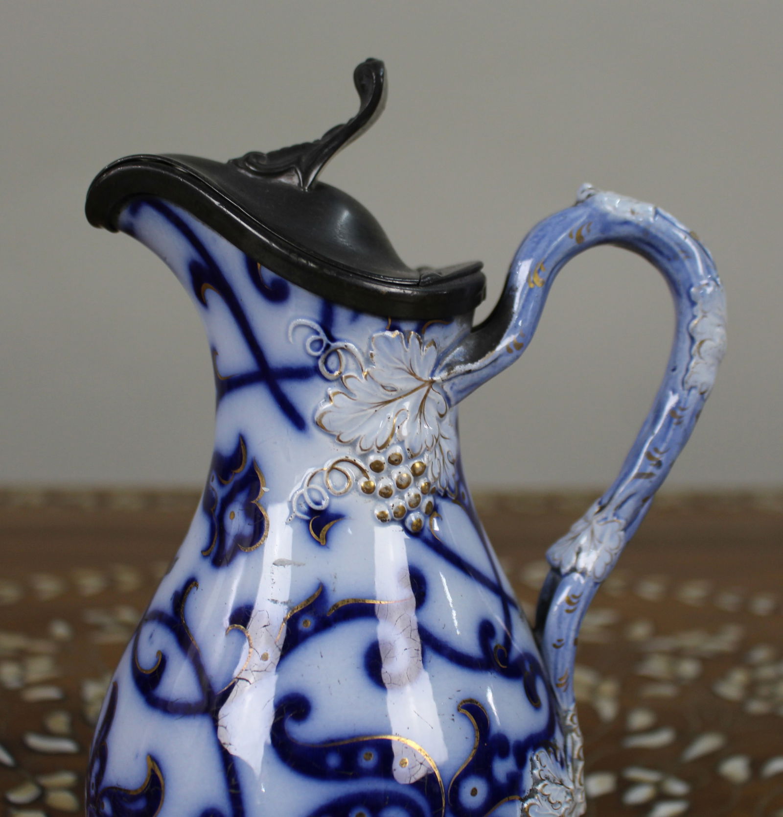 Victorian Flow Blue Relief-Moulded Jug with Pewter Lid, c.1850 - 2